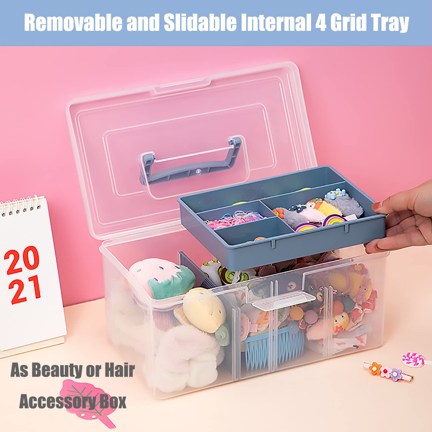 Clear Plastic Storage Organizer Box with Removable Tray & Partition - Large Arts & Crafts Supplies Container for Office, Home & School - Desktop Stationery & Medicine Organizer (Clear & Ocean Blue) | Perfect for Craft Rooms, Office Desks & Home Organization