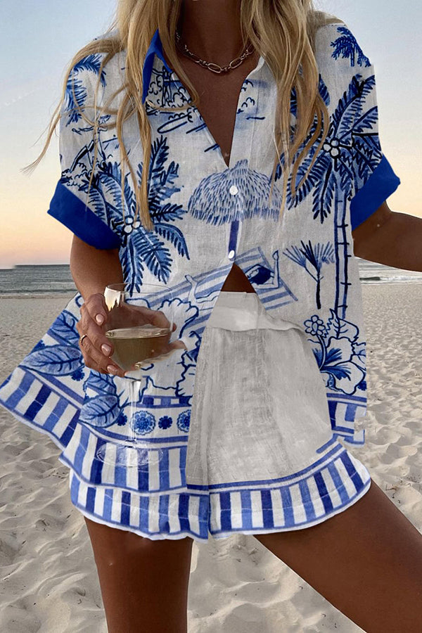 Women's Summer Beach Print Loose Fit Button Front Elastic Waist Shorts Set - Casual Vacation Outfit for Beach, Pool Party & Tropical Getaway