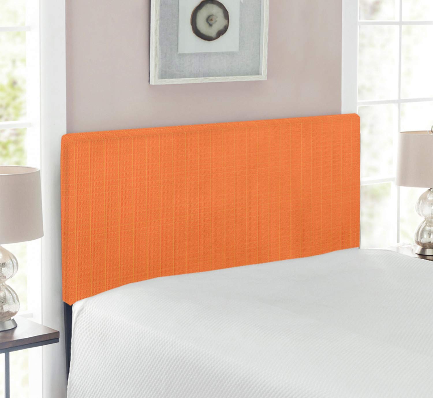 Ambesonne Abstract Upholstered Headboard - Geometric Angled Lines & Checkered Square Design, Twin Size Bed Frame with Memory Foam in Vermilion Earth Yellow | Modern Bedroom Decor for Guest Rooms & Master Suites