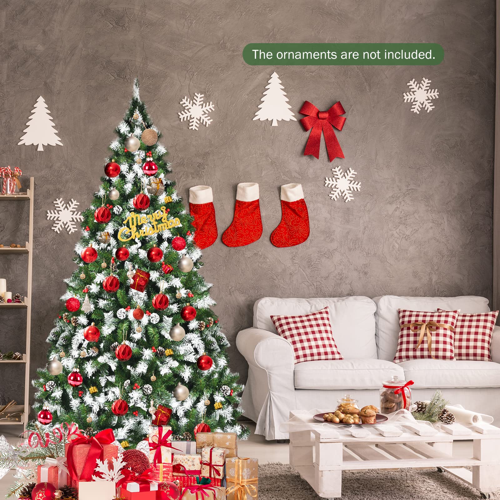 GOFLAME 6ft Pre-Lit Snow Flocked Artificial Christmas Tree with 250 Warm White LED Lights, 8 Lighting Modes, Hinged Branches & Sturdy Metal Stand - Perfect for Living Room, Office, and Holiday Festival Indoor Decorations