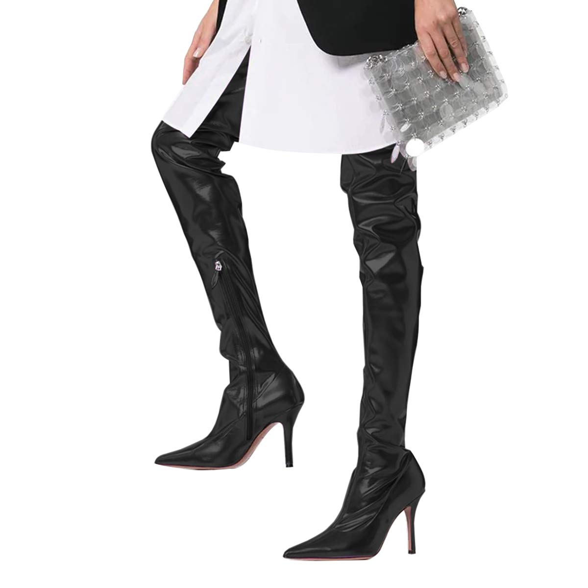 YDN Women's Over The Knee Thigh High Stiletto Boots - Pointed Toe, Stretchy Side Zipper, Stylish Heeled Boots for Party, Night Out & Fashion Outfits