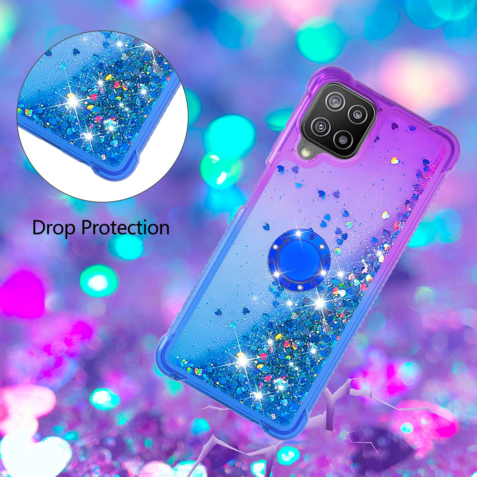 Samsung Galaxy A22 4G Case with Ring Holder - Clear Gradient Quicksand Glitter TPU Cover (Not for 5G Model) | Floating Liquid Design in JB Purple Navy | Perfect for Daily Use, Work & Travel Protection