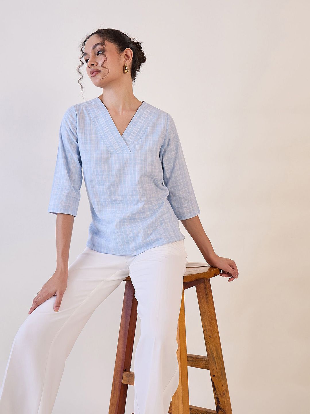 Stylish Blue Checkered V-Neck Top for Women - Trendy Casual Blouse for Everyday Wear, Office, and Date Nights