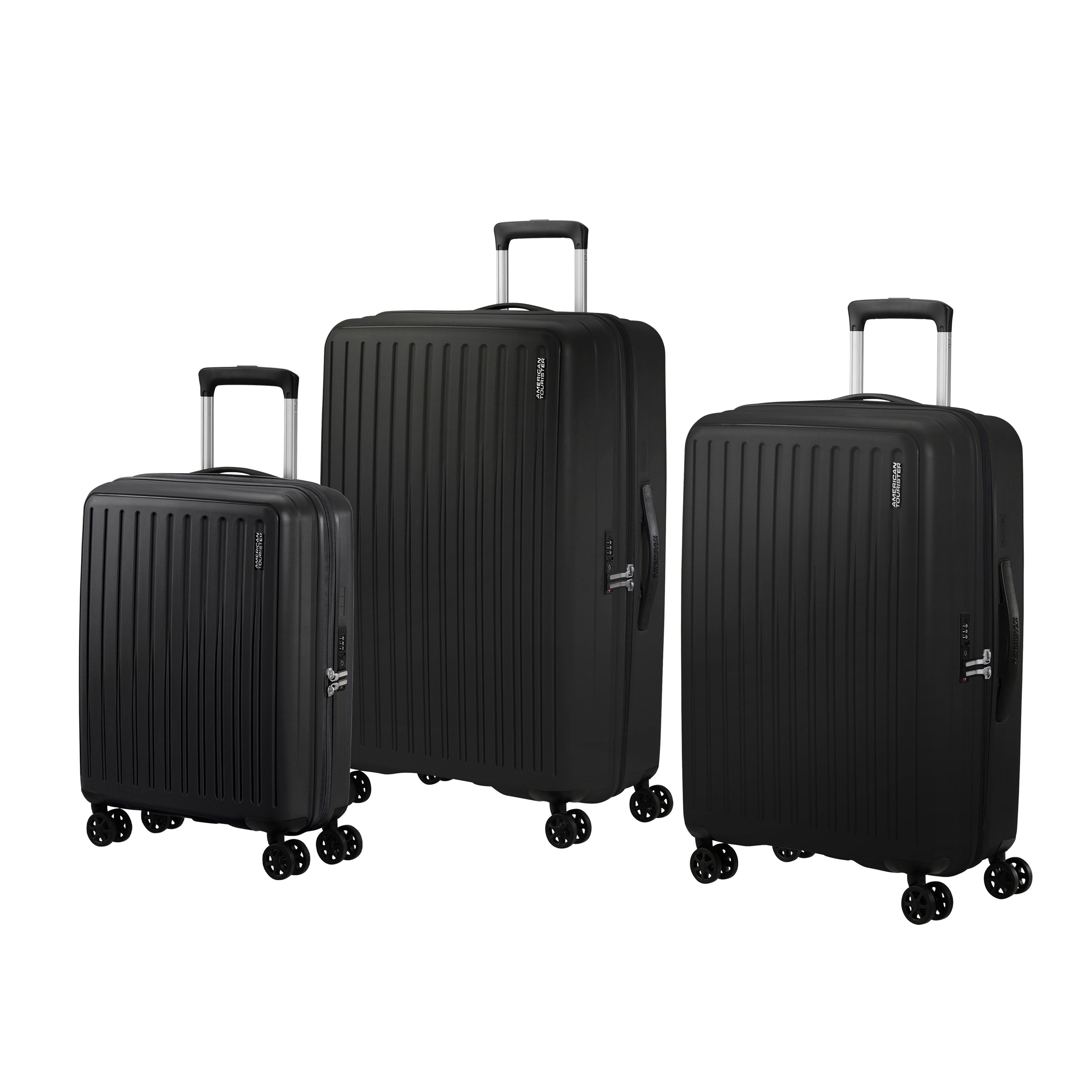 American Tourister Rejoy Spinner Expandable 3-Piece Luggage Set - Lightweight Hardshell Suitcase with 360° Wheels for Travel, Business & Vacation (Black)