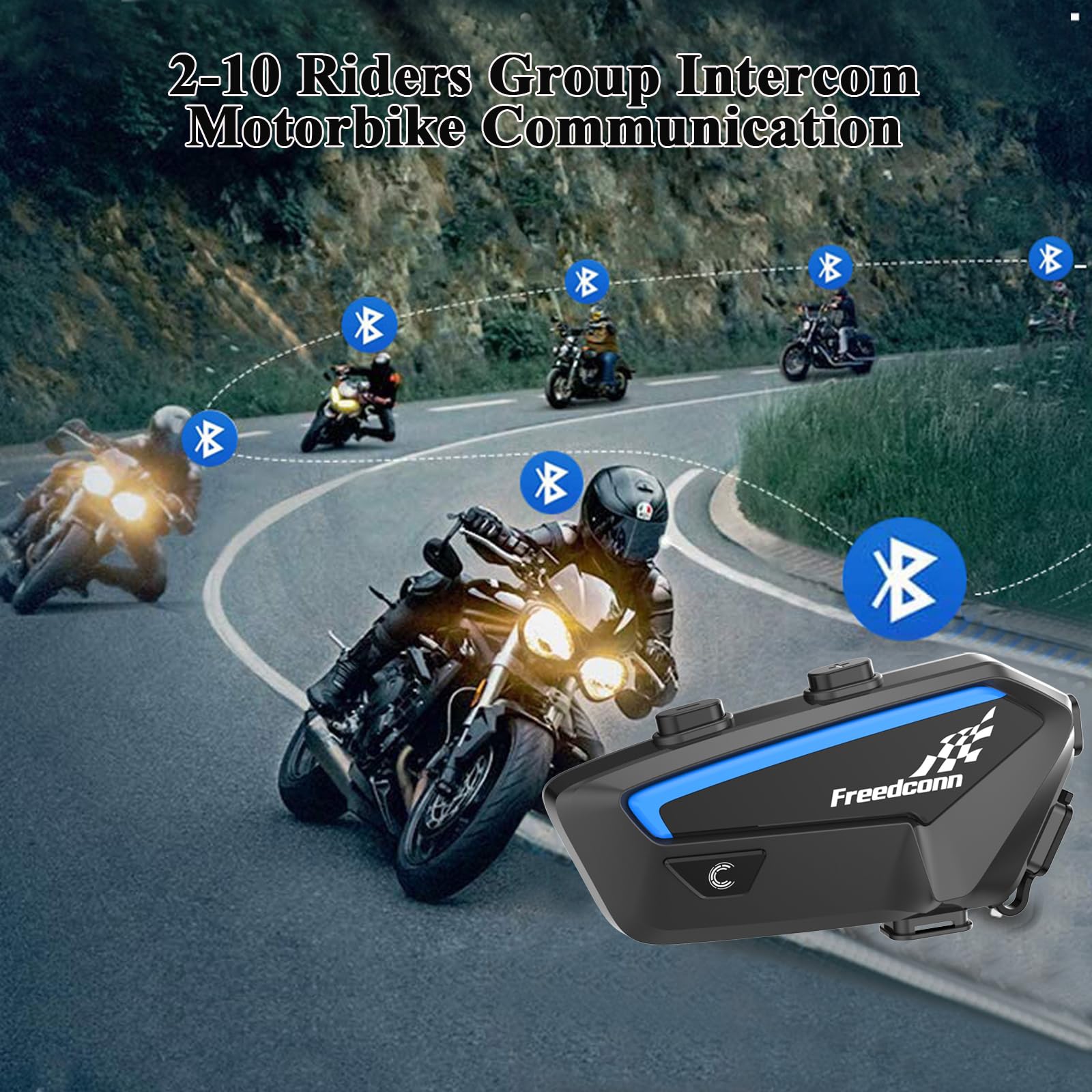 FreedConn Motorcycle Bluetooth Helmet Headset Intercom - Full Duplex Wireless Communication for 6-10 Riders, 1500m Range, FM Radio & Music Sharing - Compatible with Any Bluetooth Headset - Perfect for Group Rides, Touring & Adventure Motorcycling