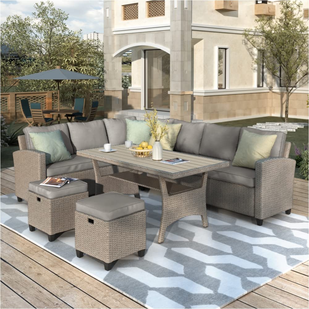5-Piece Wicker Outdoor Furniture Set with Dining Table - Rattan Patio Conversation Set Includes Chairs, Storage Ottomans & Throw Pillows (Beige) | Perfect for Backyard, Garden, Poolside & Patio Relaxation