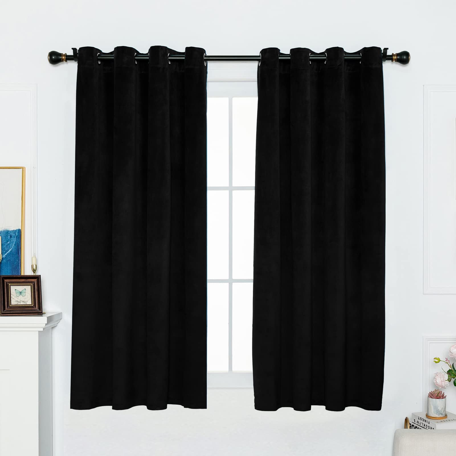FY FIBER HOUSE Thermal Insulated Blackout Velvet Curtains - 52x63 Inch Room Darkening Window Panels (Set of 2) for Bedroom & Living Room - Grommet Top Black Lush Decor Drapes
