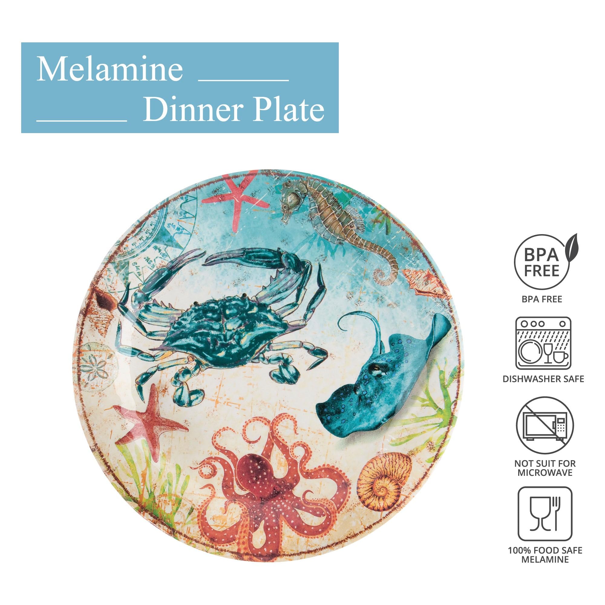 UPware 6-Pack BPA-Free Melamine Dinner Plates, 11 Inch - Dishwasher Safe for Pasta, Salad & Main Course (Crab)