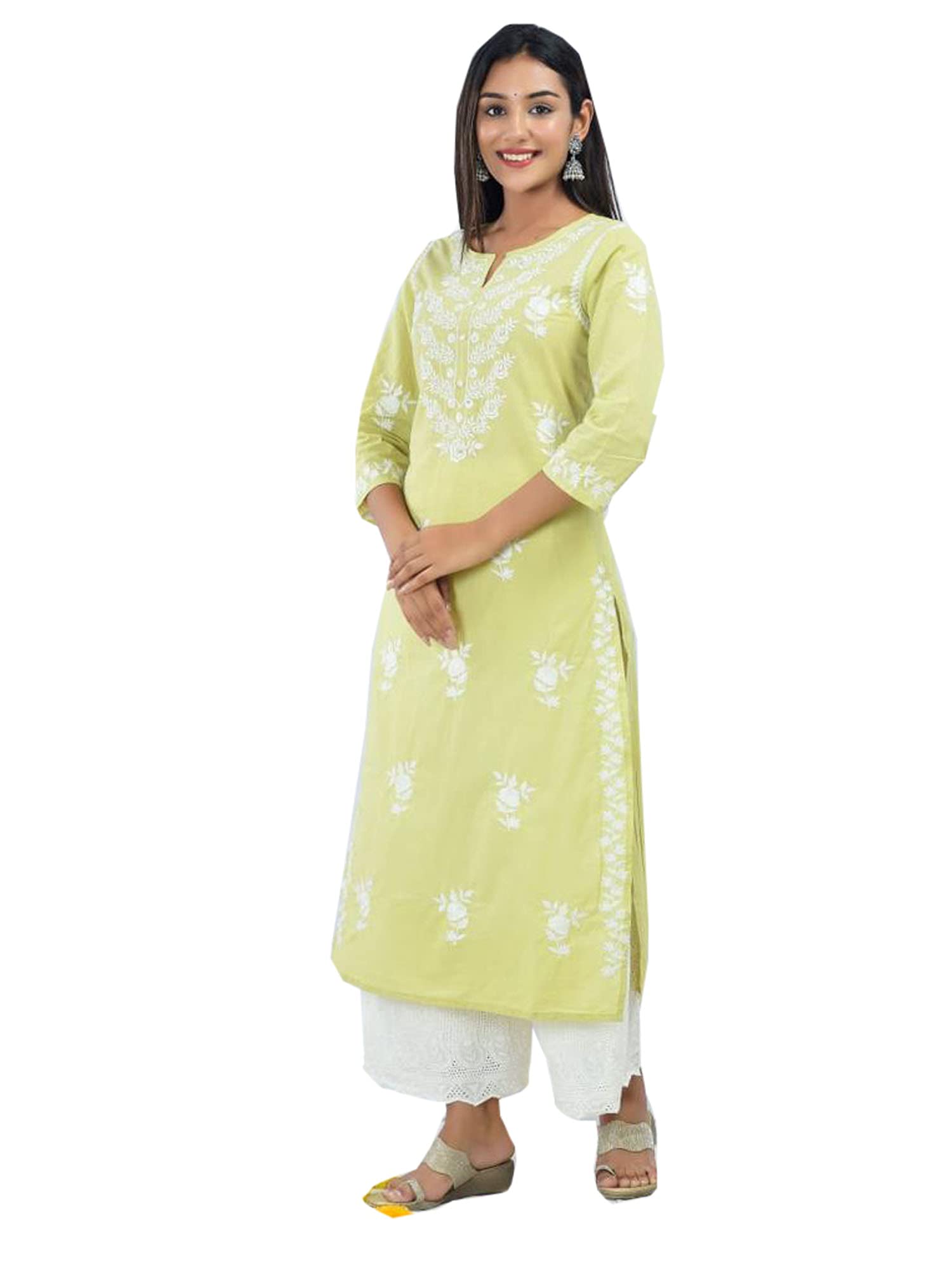 Bright Lime Yellow Indian Women's Party Wear Embroidered Straight Cotton Kurti with Chicken Cut Work & Palazzo Set - Elegant Fancy Suit for Festivals, Weddings & Special Occasions (Style 433m)
