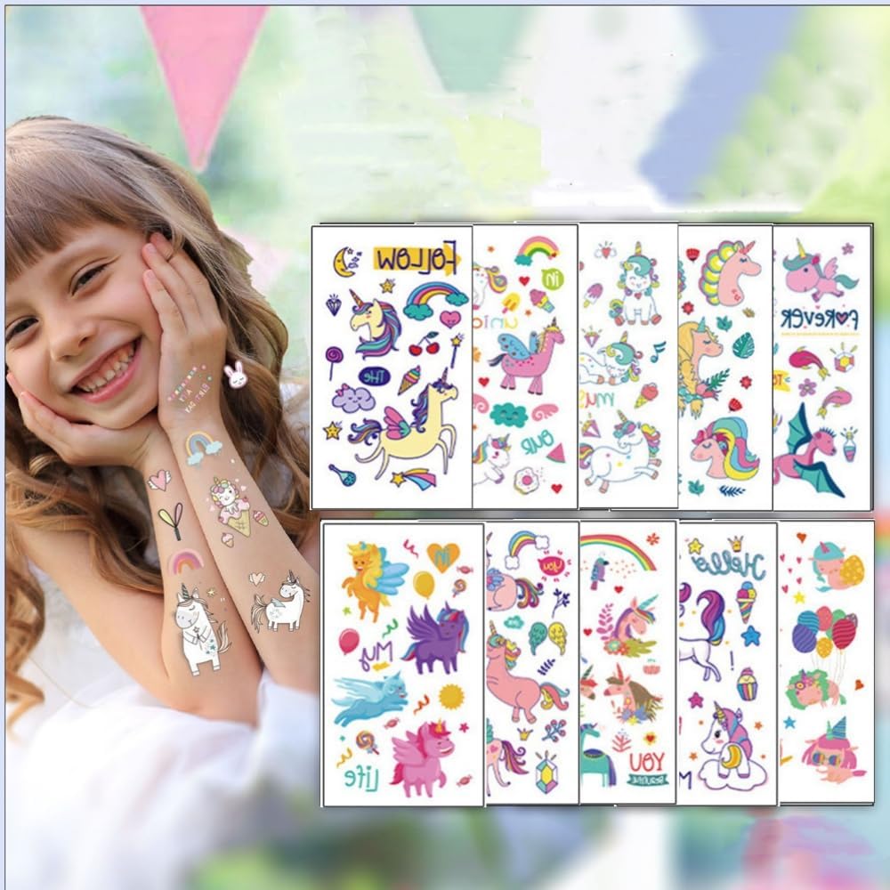 Cute Waterproof Pink Unicorn Stickers - TREXEE Temporary Tattoos for Girls, Face & Body Art, Party Favors, Envelopes, Gift Bags (Pack of 10) - Perfect for Birthday Parties, Baby Showers & Kids' Crafts