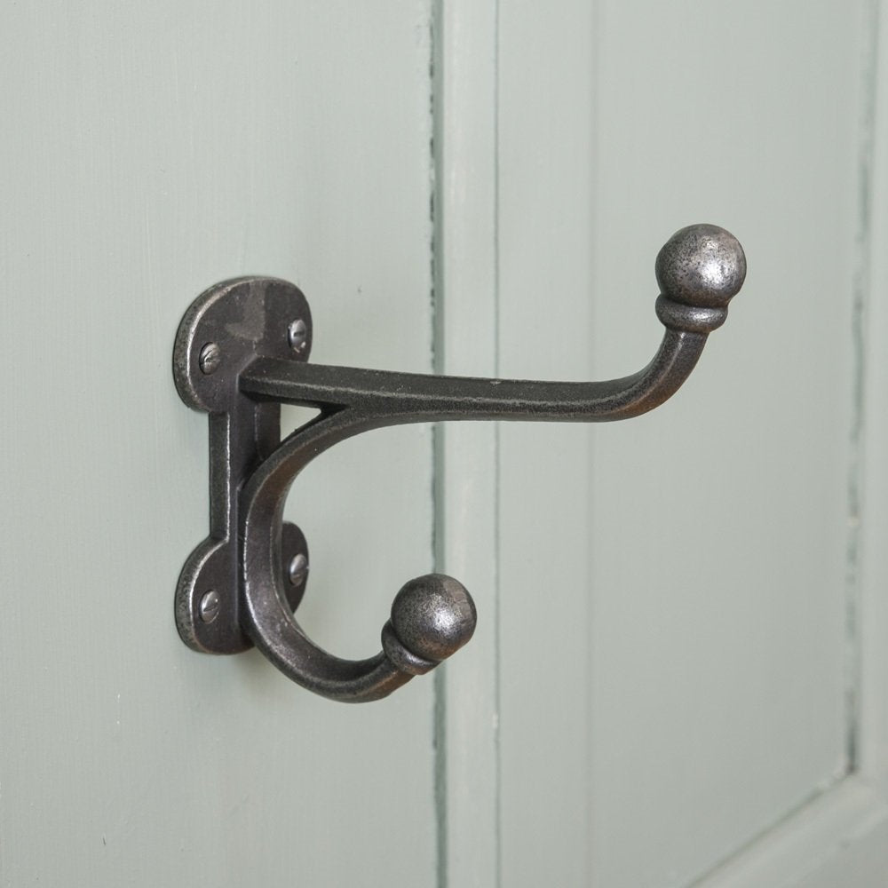 Heavy Duty Double Lobby Hook - Cast Iron Wall Mount Coat Hooks for Entryway, Mudroom & Closet Organization - Rustic Home Decor Accessory