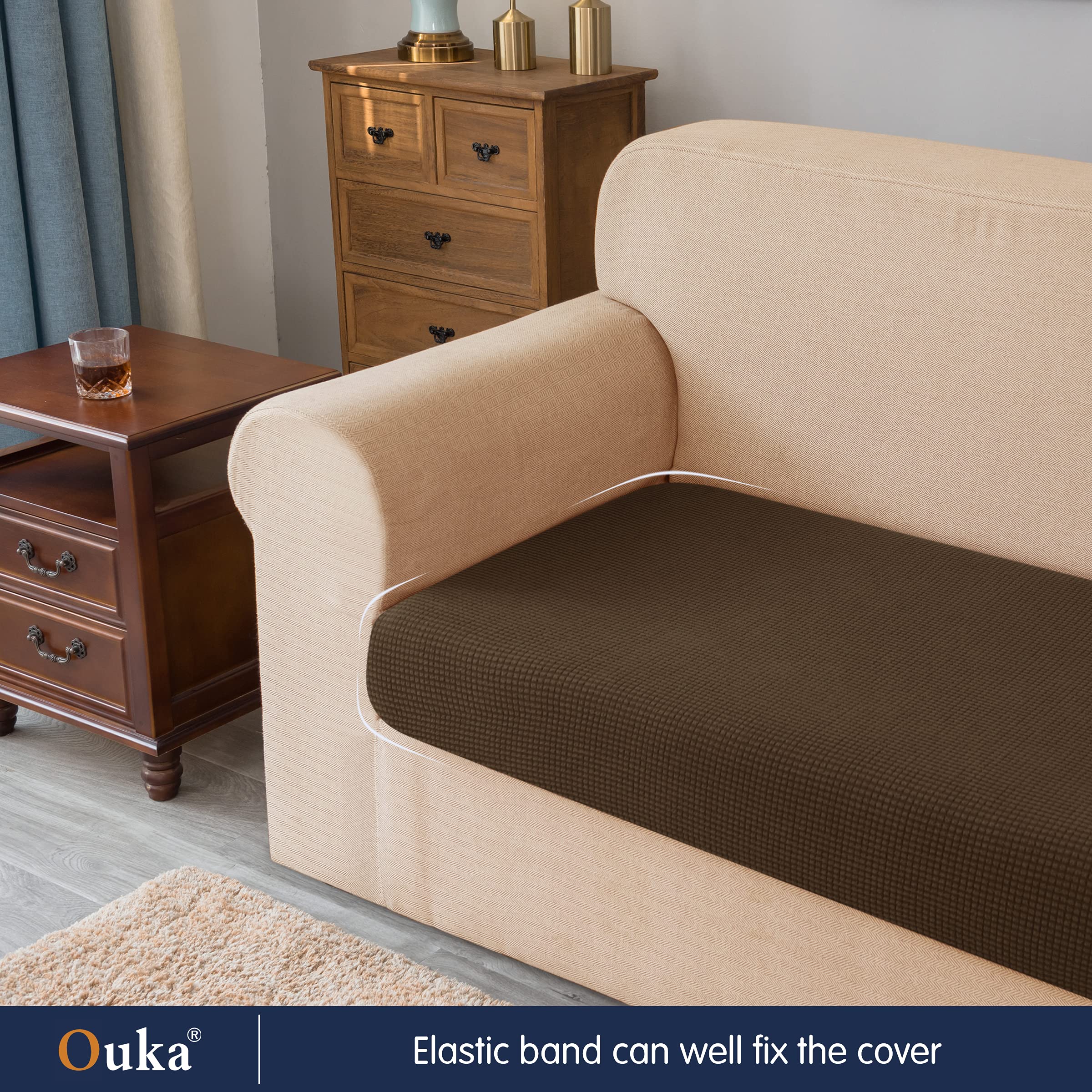 Ouka Stretch Reversible Sofa Cushion Cover - Soft Washable Couch Seat Protector for Loveseat & Chair (Coffee Brown) | Home Decor, Living Room Furniture Protection
