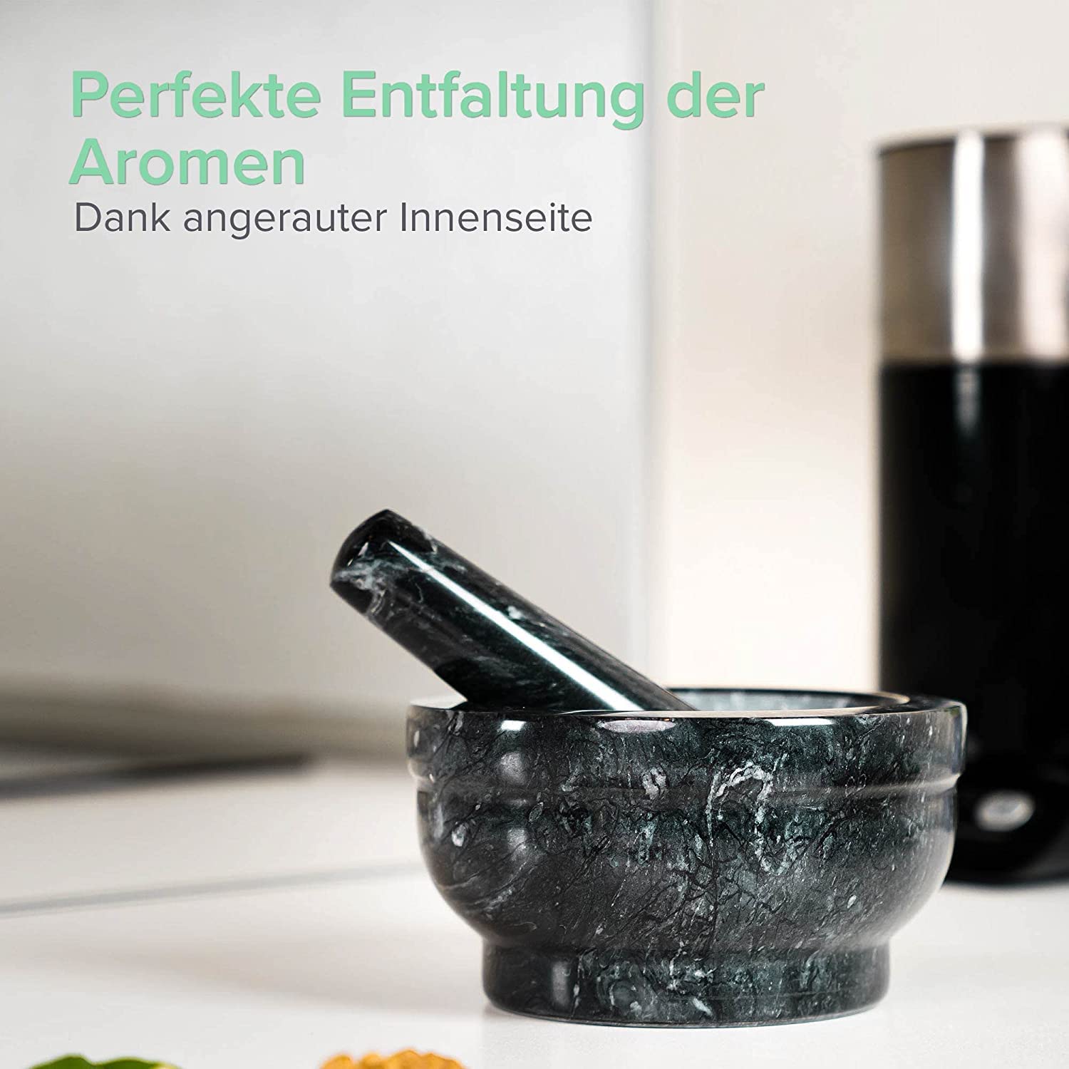 Premium 15CM Black Marble Mortar and Pestle Set - Solid Natural Stone Spice & Herb Grinder for Cooking - Smooth Polished Surface for Comfortable Grip - Perfect for Crushing Spices, Herbs, Garlic & Making Guacamole, Pesto & Cocktail Muddling