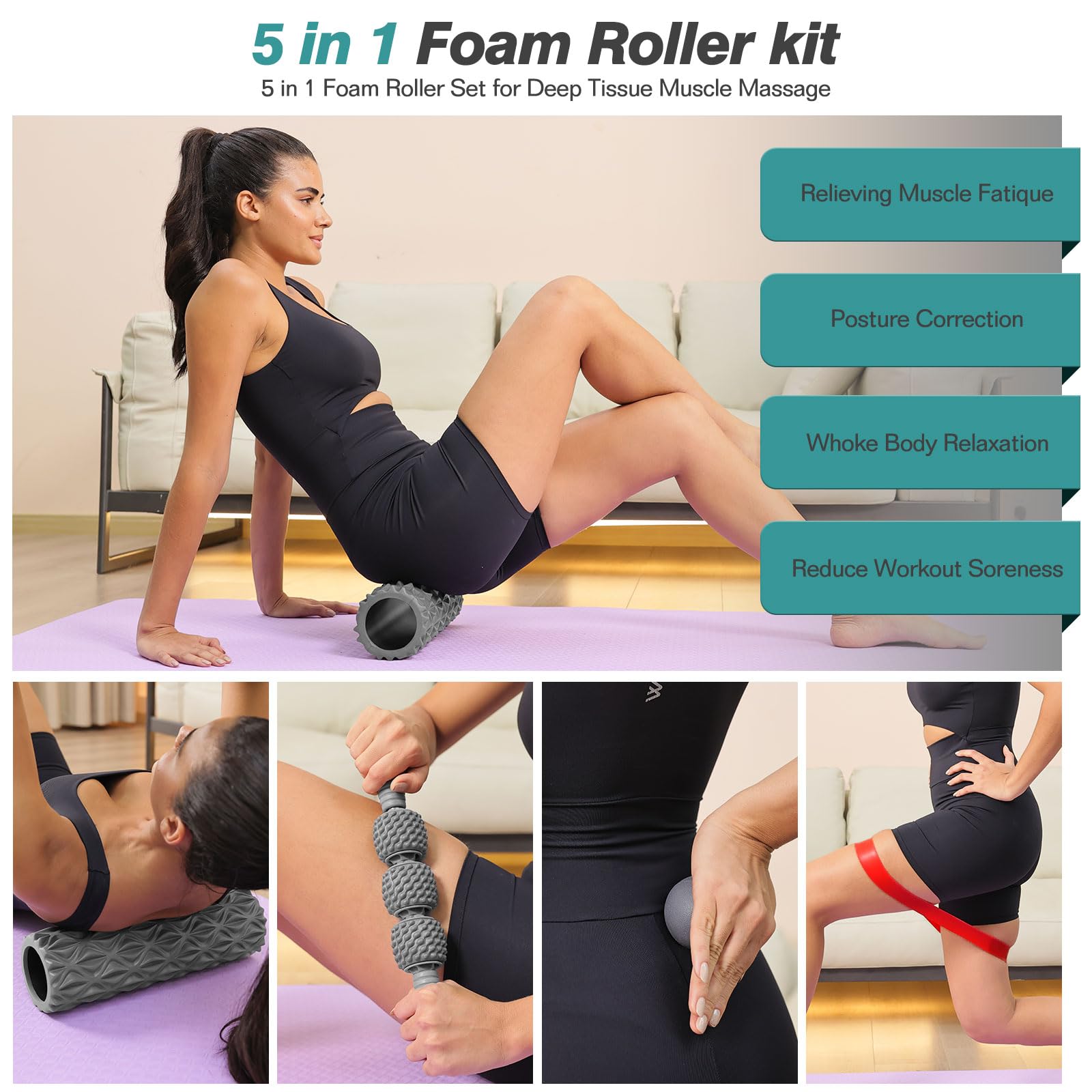 5 in 1 Foam Roller Set - Trigger Point Foam Roller, Muscle Massage Stick, Massage Ball, Stretching Band for Deep Tissue Therapy - Perfect for Yoga, Pilates, Fitness & Post-Workout Recovery at Home or Gym