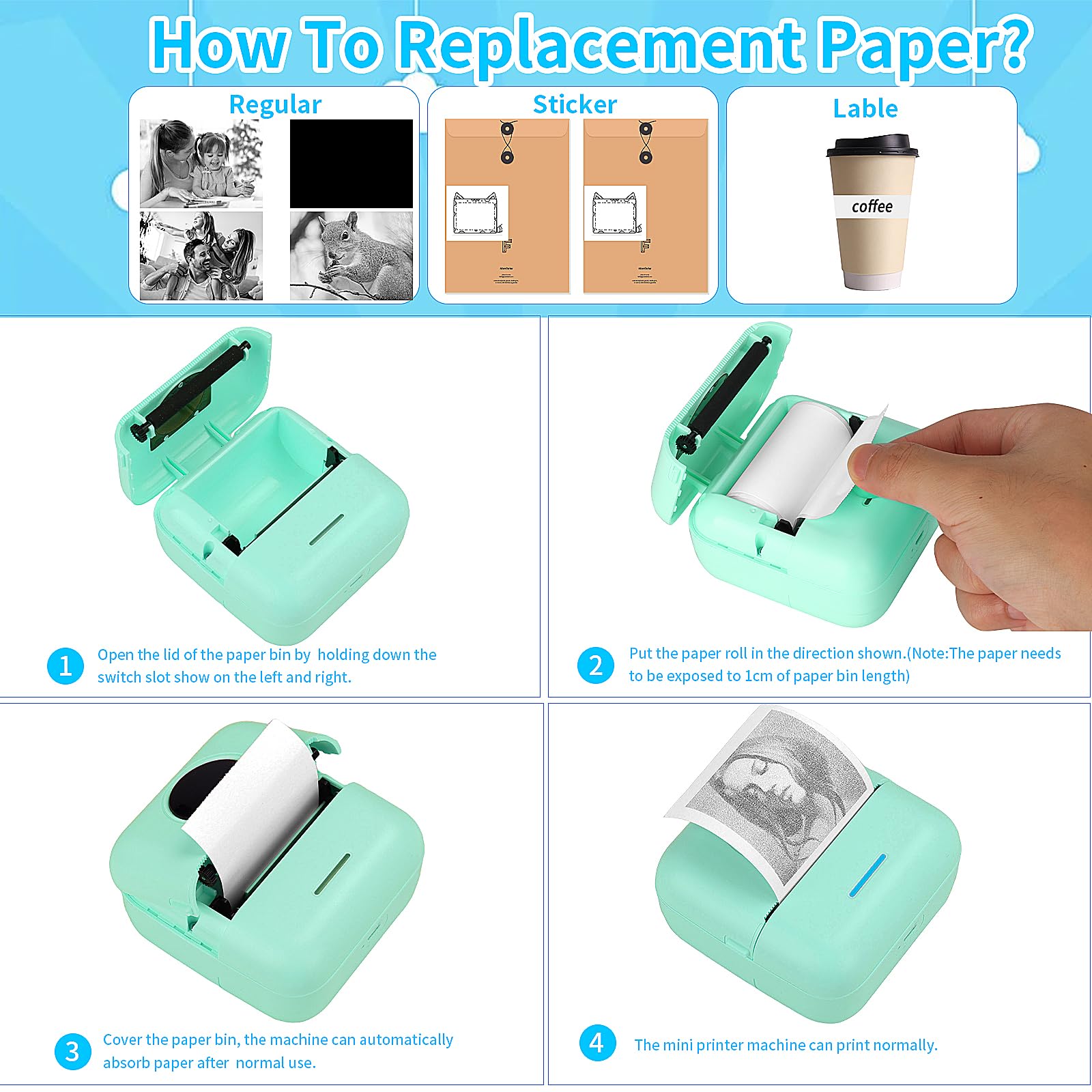 HuiJuKeJi Mini Sticker Printer - Portable Bluetooth Thermal Printer for iOS & Android with 11 Rolls Inkless Paper - Print Photos, Receipts, Journals, Notes & Memos - Perfect for DIY Crafts, Scrapbooking & Home Organization (Green)