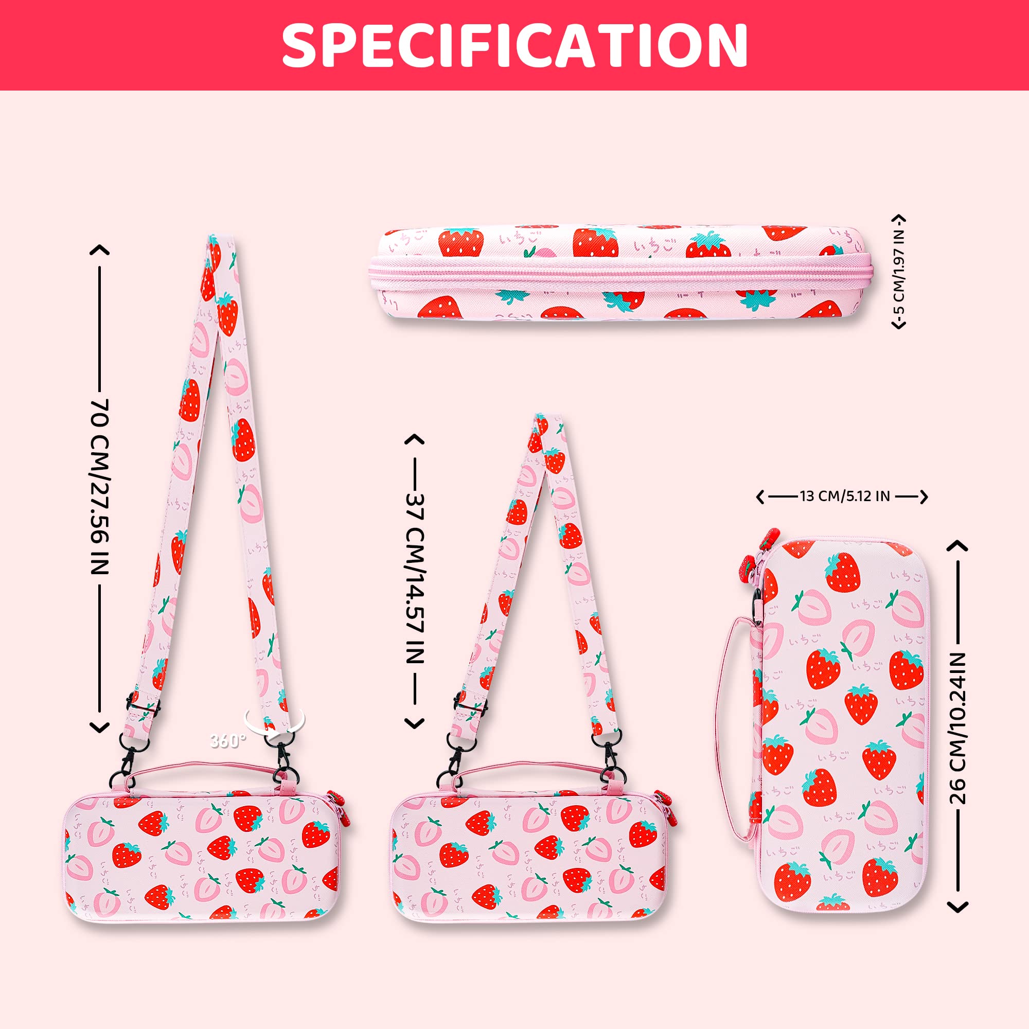 GLDRAM Pink Strawberry Nintendo Switch Carrying Case Bundle - Soft TPU Cover, Game Case, Tempered Glass Screen Protector, Thumb Grip Caps & Adjustable Shoulder Strap - Perfect Travel Accessories for Girls & Women | Portable Protection for Gaming on the Go, Commuting & Travel