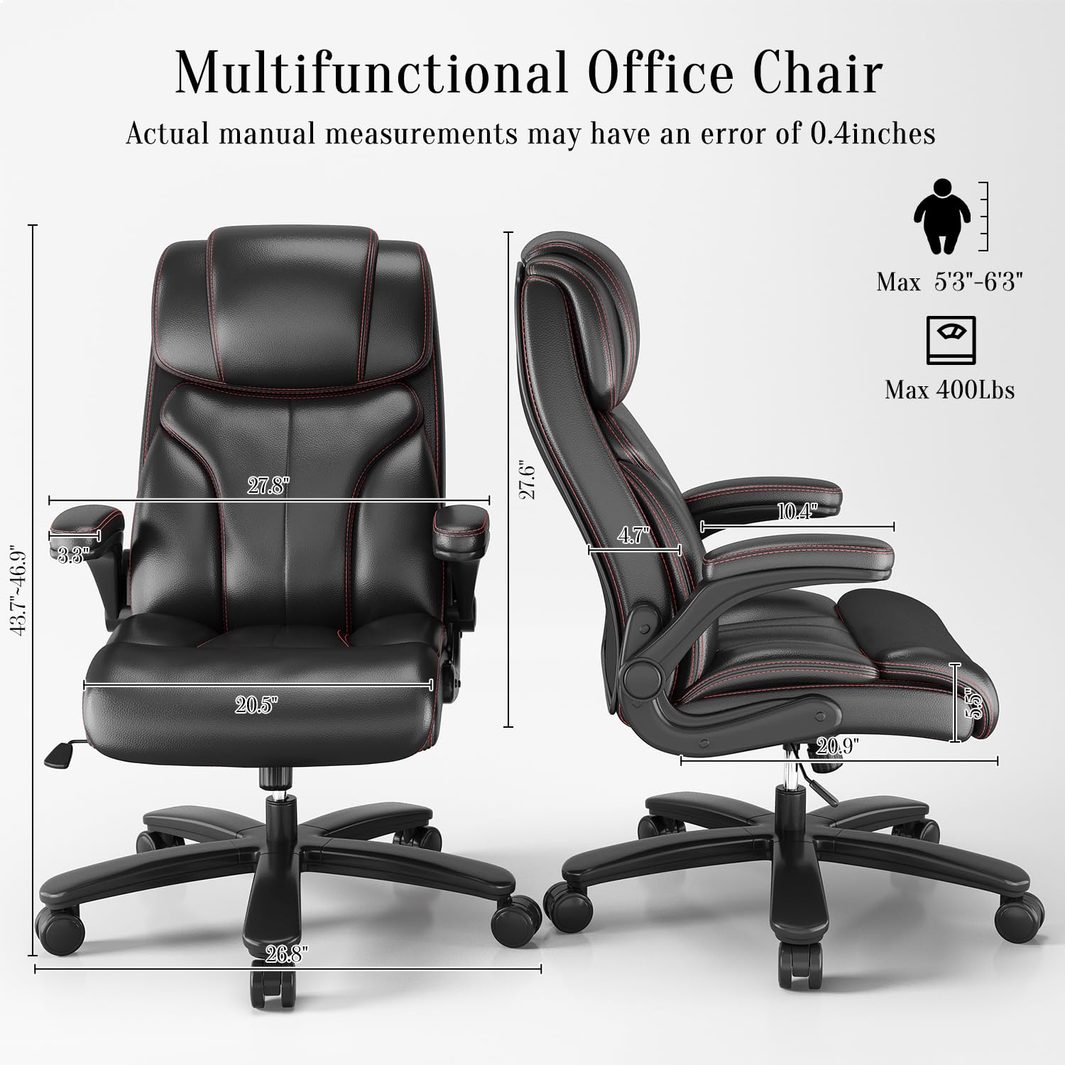 Premium Black Leather Executive Office Chair - High Back Ergonomic Computer Desk Chair with Wheels, Flip-Up Arms & Lumbar Support for Home and Office Use - Perfect for Long Work Hours and Professional Workspaces