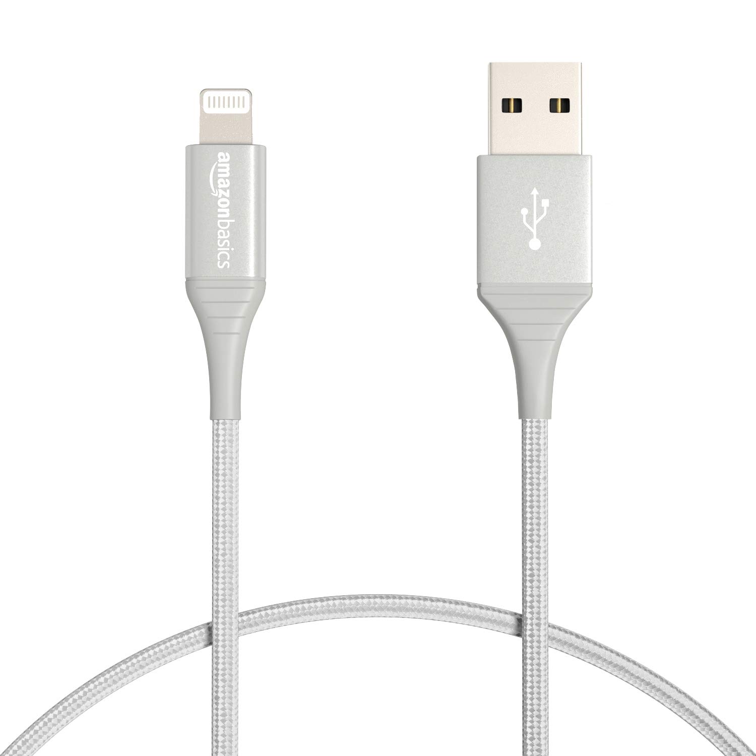 Amazon Basics MFi Certified Nylon iPhone Charger Cable - USB-A to Lightning for Apple iPhone, iPad, 10,000 Bend Lifespan - Silver (1-Ft) - Perfect for Home, Office & Travel Charging