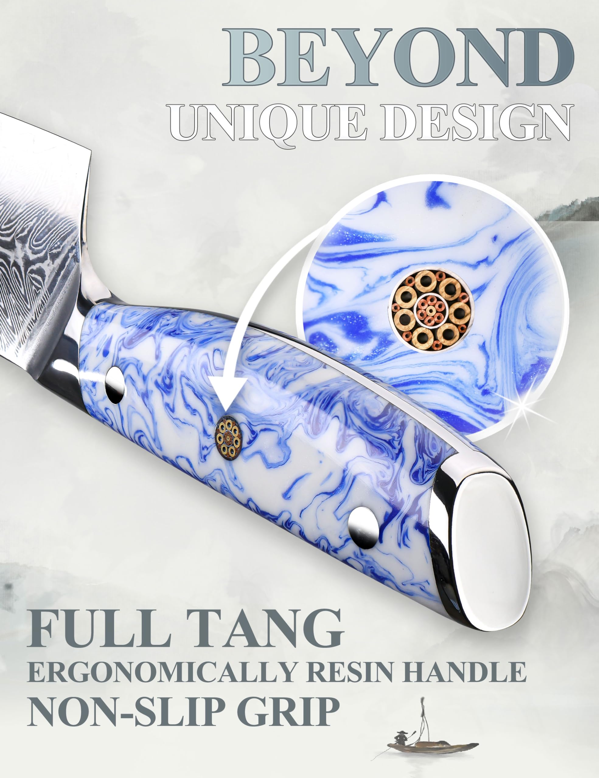 7 Inch Chinese Chef Knife - Professional Damascus Steel Cleaver for Chopping Vegetables & Meat - Forged Blue & White Resin Handle with Full Tang - Perfect for Home Kitchen, Restaurant & Butcher Use - HUA Series