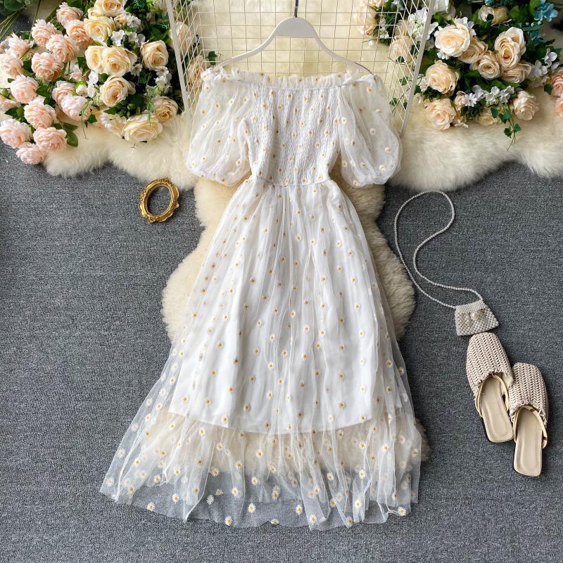 Embroidered Daisy Dress - Mid-Length French Puff Sleeve Fairy Dress - Floral Summer Dress for Women - Perfect for Garden Parties, Weddings & Boho Outfits