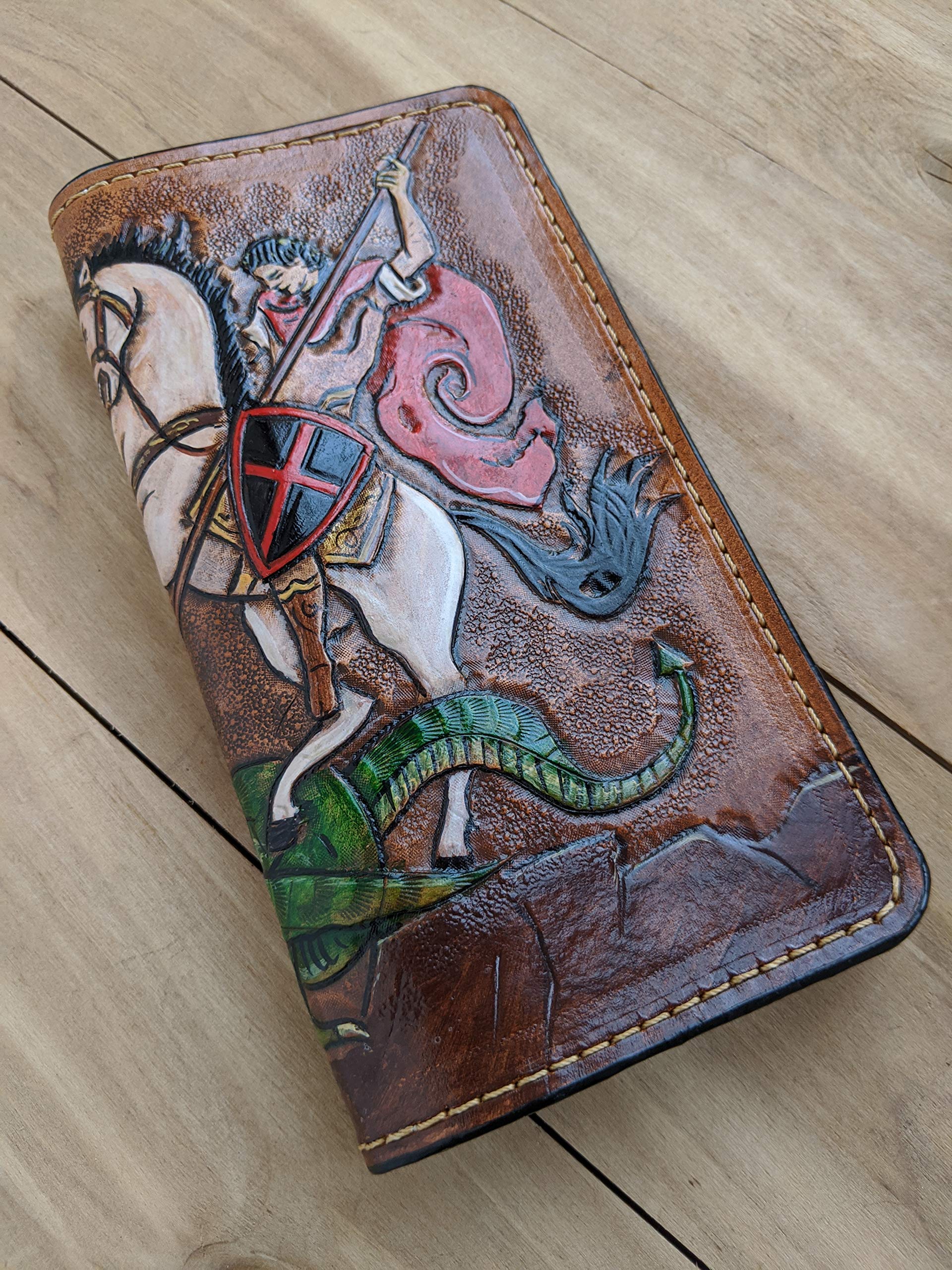Handcrafted 3D Genuine Leather Wallet for Men - Long Biker Travel Wallet with St. George & Dragon Design - Custom Personalized Leather Carving Clutch Wallet - Perfect for Daily Use, Gifts & Motorcycle Riders
