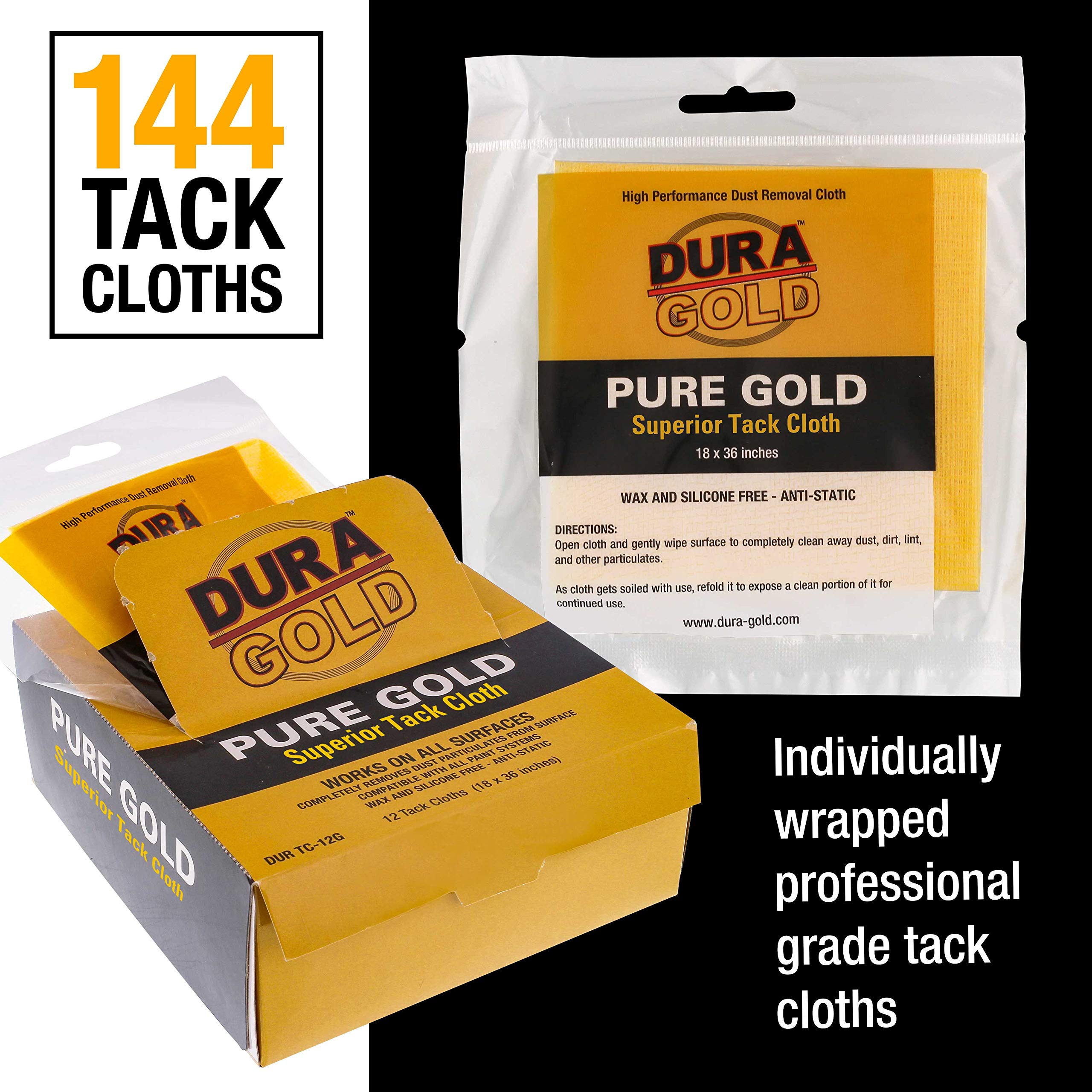 Dura-Gold Premium Tack Cloth - 144 Pack for Woodworking & Automotive Painting | Dust-Free Surface Prep | Ideal for Wood Staining, Auto Body Paint Prep & DIY Projects