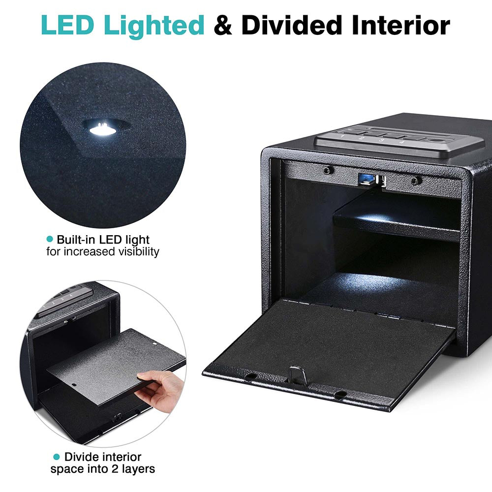 TheLAShop Biometric Digital Gun Safe - Fingerprint & Keypad Pistol Drawer Lock Box for Home & Office Security | Quick Access Handgun Storage for Bedside, Car, Travel Protection