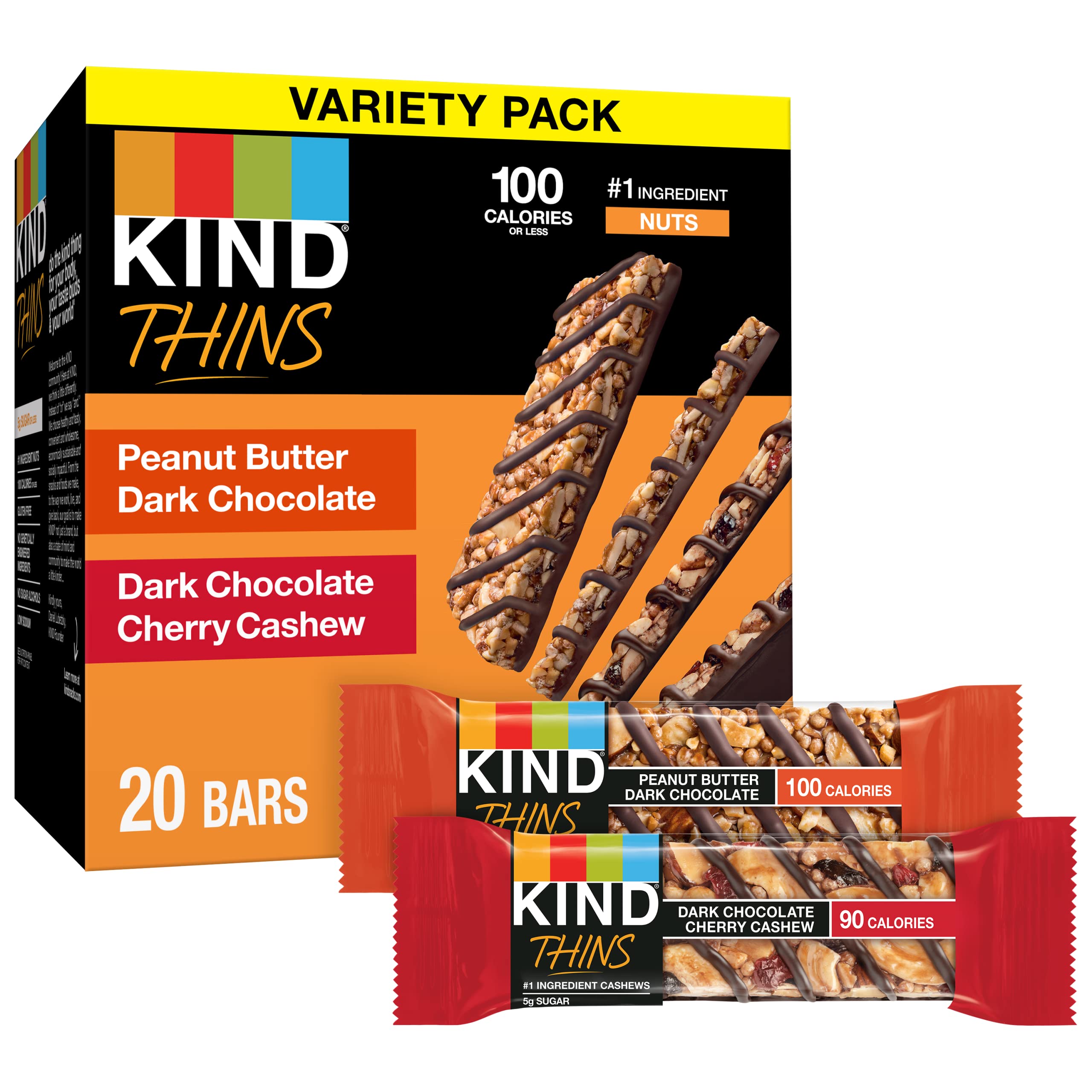 KIND Thins Variety Pack - Peanut Butter Dark Chocolate & Dark Chocolate Cherry Cashew | Healthy Low Calorie Snacks (20 Count) | Perfect for Office, Travel & On-the-Go Nutrition