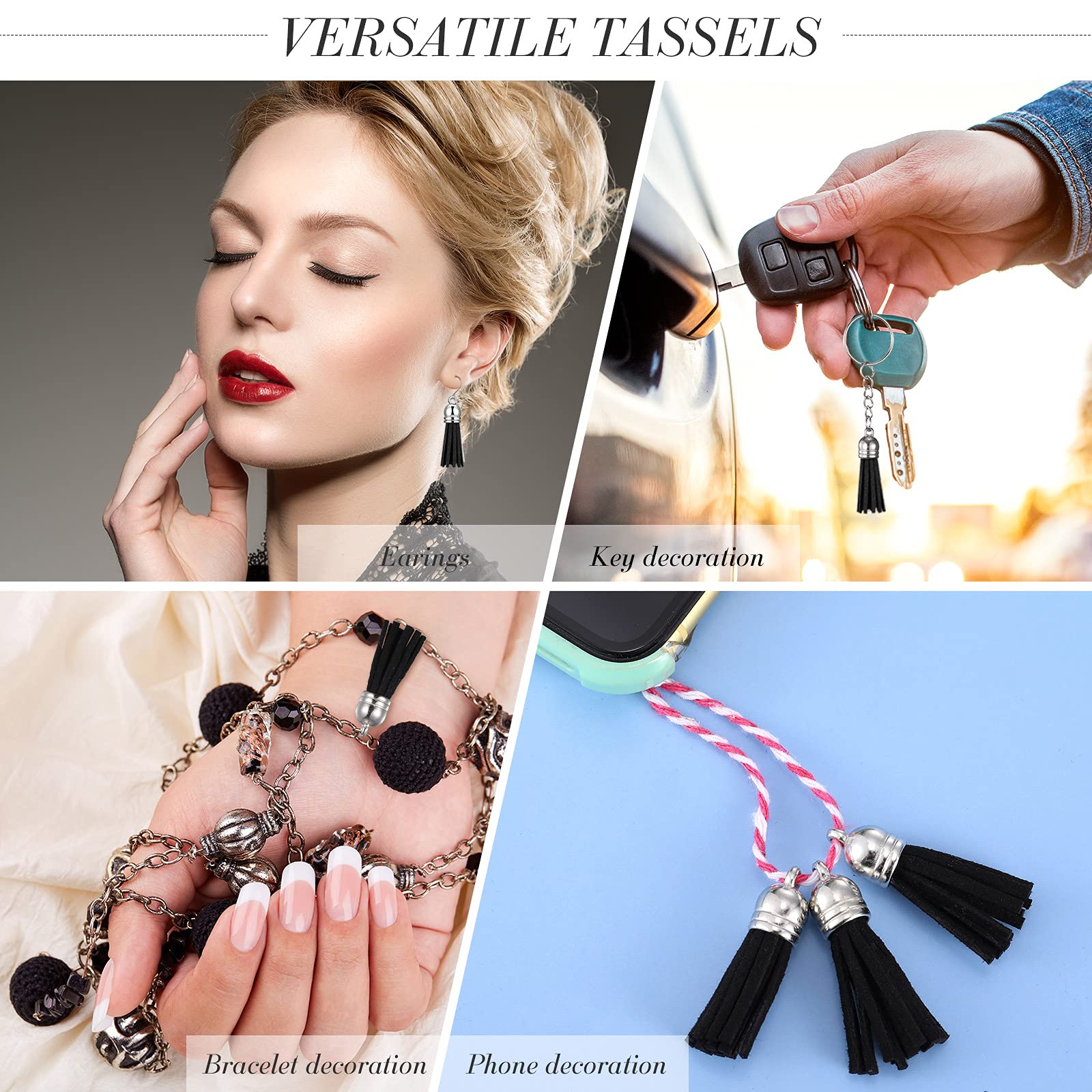200 Pieces Black Faux Suede Leather Keychain Tassels with Loops - DIY Craft Supplies for Jewelry Making, Keychain Decorations, Gift Wrapping & Party Favors