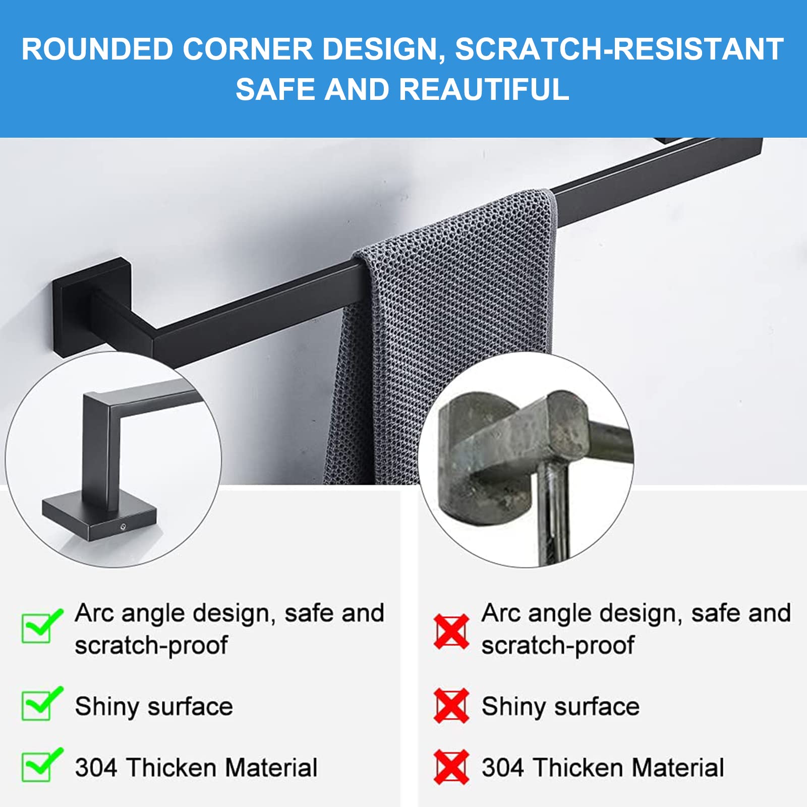 5-Piece Square Bathroom Hardware Set - 60cm Black SUS 304 Stainless Steel Towel Bar, Toilet Paper Holder, Hand Towel Holder & 2 Hooks - Wall Mounted Bathroom Accessories for Modern Home & Hotel Decor
