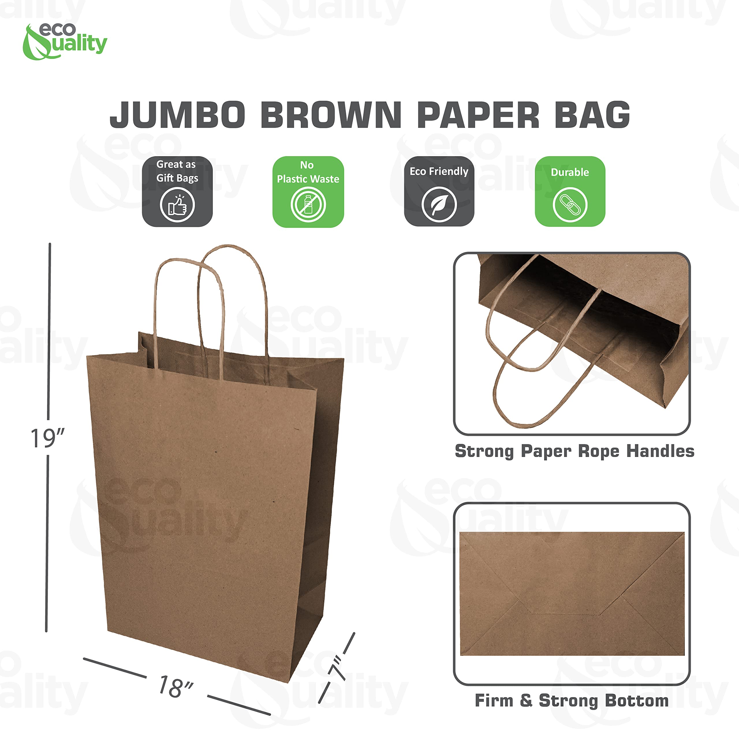 EcoQuality - 400pcs X-Large Brown Kraft Paper Bags with Handles (18x7x19 inches) - Eco-Friendly Shopping Bags, Gift Bags, Party Favors, Grocery & Lunch Bags for Retail Stores, Weddings, and Everyday Use