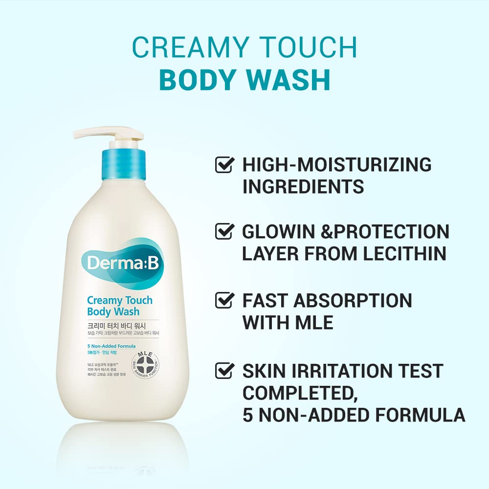 DERMA B Creamy Touch Body Wash - Long-Lasting Moisturizing Shower Gel with Shea Butter, Grape Seed Oil & Panthenol | Mild & Nourishing Cleanser | Relaxing Scented K-Beauty Formula (13.5 Fl Oz/400ml) | Perfect for Dry Skin & Daily Relaxing Shower Routine