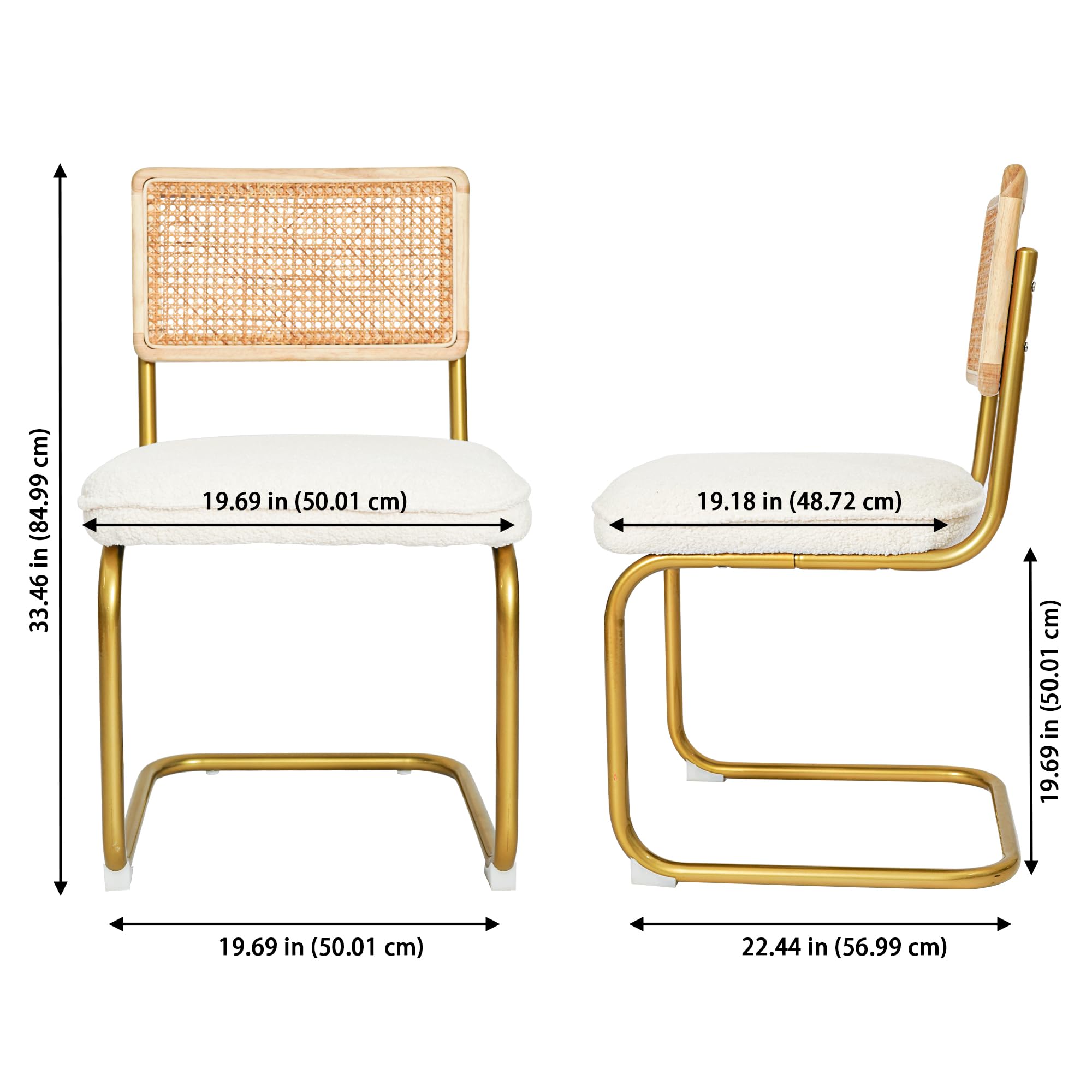 Modern Rattan Dining Chairs Set of 2 - Natural Woven Backrest & Sturdy Metal Legs, Comfortable Fleece Upholstered Armless Side Chairs for Kitchen, Living Room, Study, Office - Cream | Perfect for Home Dining, Coffee Shops, and Cozy Reading Nooks