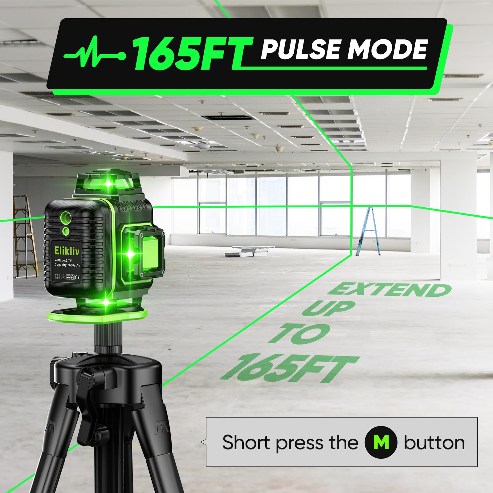 Elikliv 4D 360° Self-Leveling Green Laser Level with Tripod - 165Ft Range, 4x360° Cross Line Laser for Construction, Picture Hanging, Tile Flooring & Home Renovation | Perfect for DIY Projects, Wall Alignment, and Professional Building Work