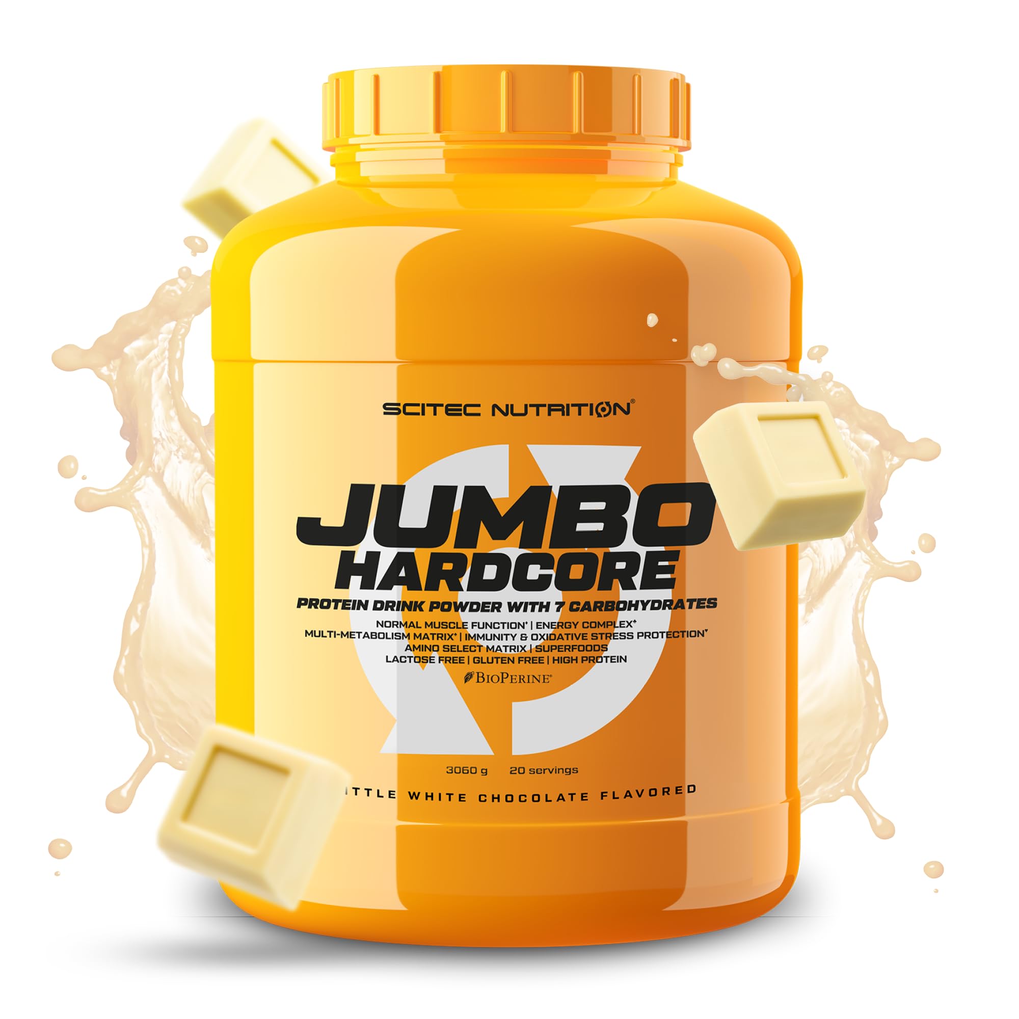 Scitec Nutrition Jumbo Hardcore - High Protein Weight Gainer Powder with Amino Select Matrix, Superfoods, Creatine | 7 Carbs, Gluten & Lactose Free | 3060g Brittle White Chocolate Flavor for Muscle Growth & Post-Workout Recovery
