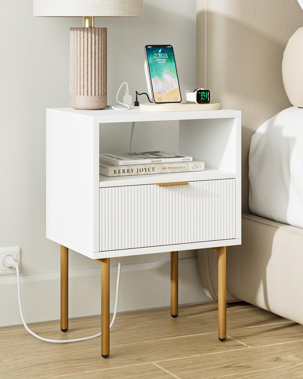 Modern White Nightstand with Charging Station & Gold Frame - Small Bedside Table with Drawer & Shelf - Elegant End Table for Bedroom & Living Room - Perfect for Phone Charging, Reading Light & Bedside Storage