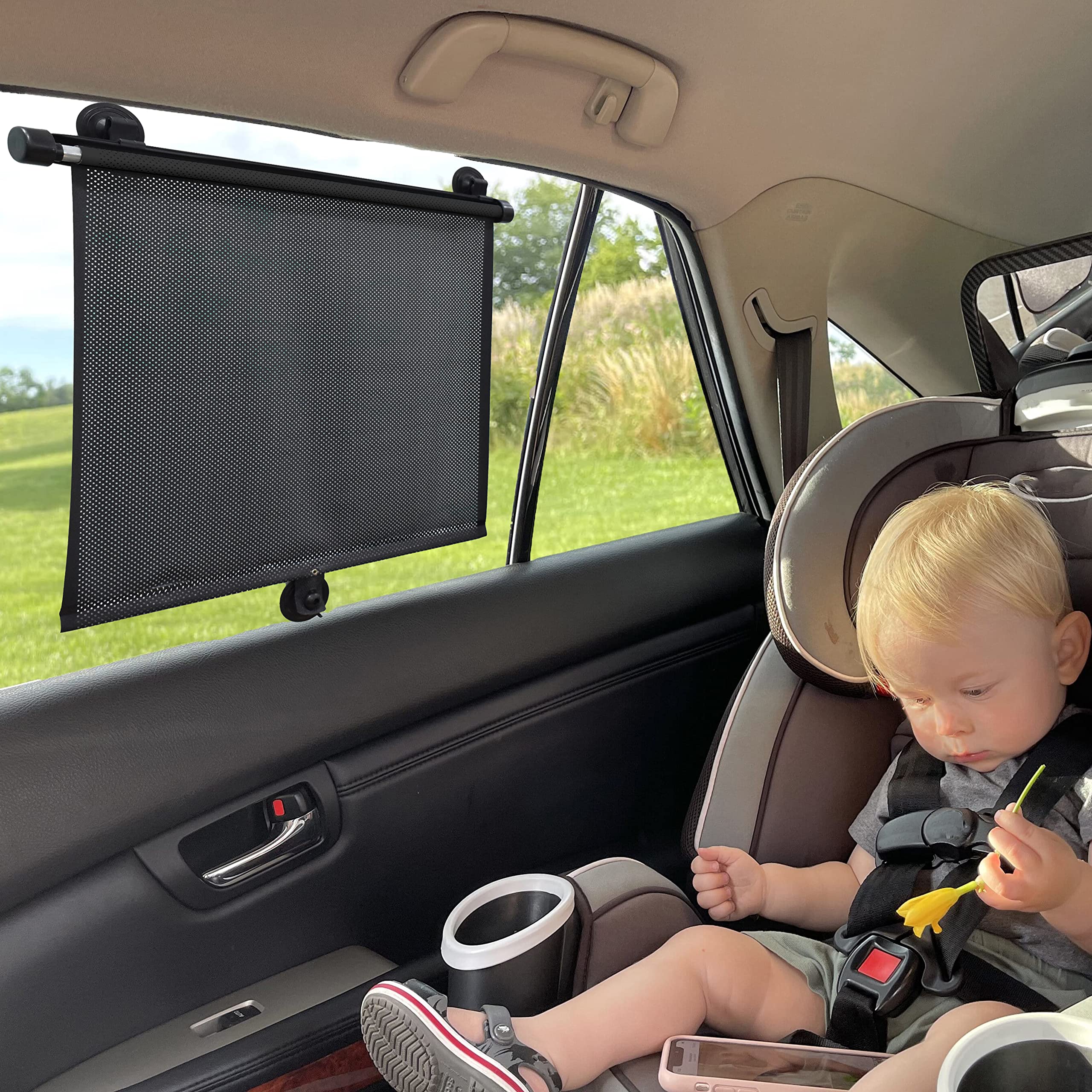 EcoNour Baby Car Side Window Sunshade (2 Pack) with Headrest Hook - UV Protection for SUV & Trucks - 18