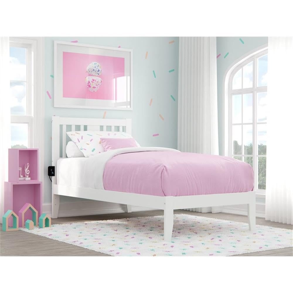 BOWERY HILL White Twin Spindle Bed Frame with Built-in USB Turbo Charger - Perfect for Modern Bedrooms, Guest Rooms & Small Spaces