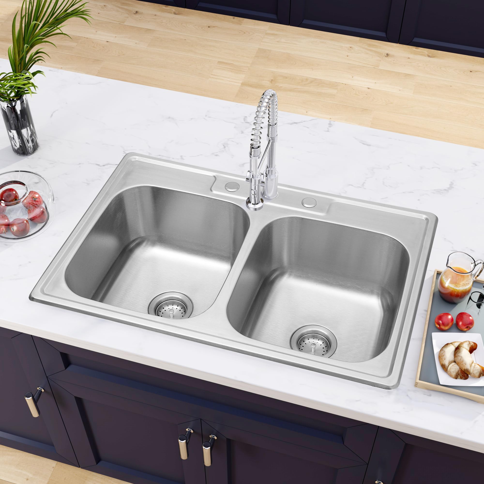 MILOSEN 33 x 22 x 9 Inch 304 Stainless Steel Double Bowl Kitchen Sink - Top Mount 50/50 Deep Basin with Bottom Grid & Strainer, Brushed Finish for Modern Homes | Perfect for Meal Prep, Dishwashing & Small Kitchen Spaces