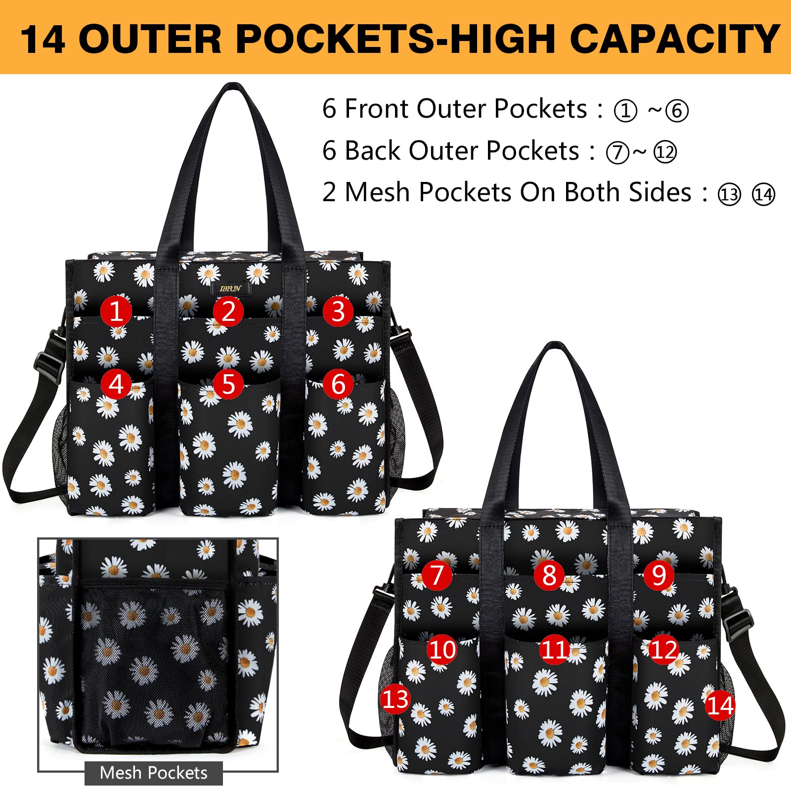IBFUN 14/24 Pocket Zip Top Tote Bag for Teachers & Work Women - Office & Commute