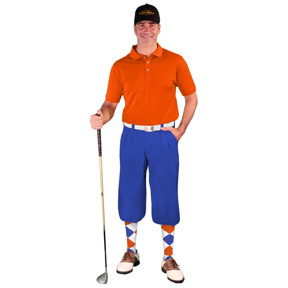 Royal Blue Microfiber Men's Outfit Set - Limited Edition Ball Cap, Over-The-Calf Argyle Socks & Orange Golf Shirt | Perfect for Golfing, Casual Wear & Sports Events