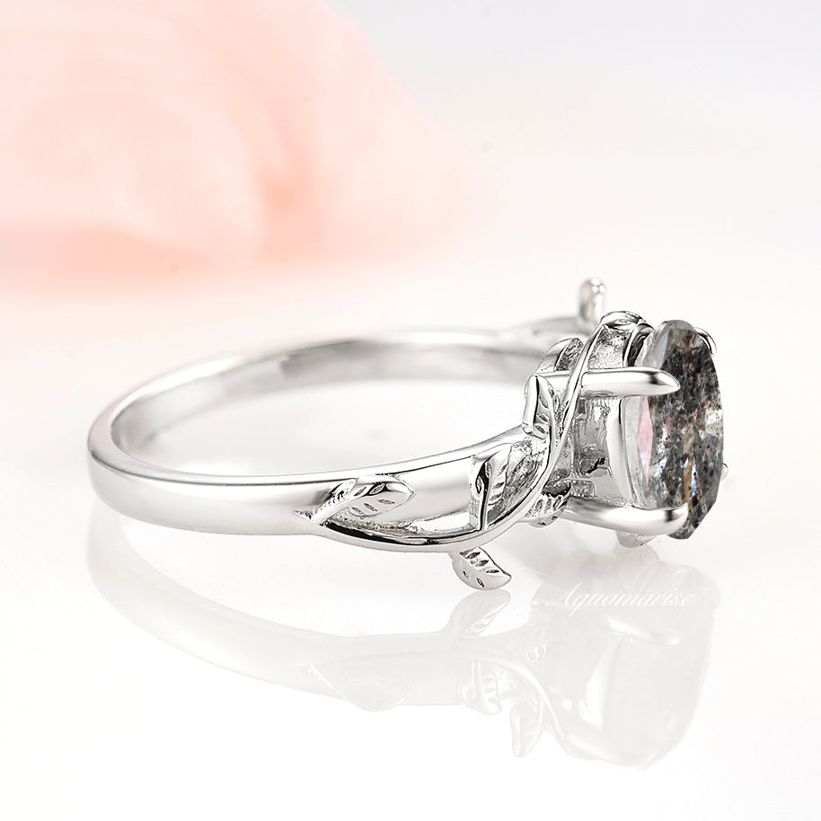 Galaxy Raw Salt & Pepper Diamond (Herkimer Diamond) Leaf Ring - 925 Sterling Silver Jewelry for Women - Perfect for Boho Chic, Nature-Inspired & Everyday Wear