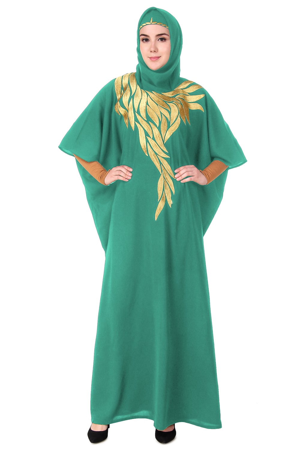 Handmade Gold Embroidered Multi-Leaf Design Kaftan Dress - Elegant Boho Chic Loungewear for Women, Perfect for Beach Cover-ups, Resort Wear & Summer Evenings