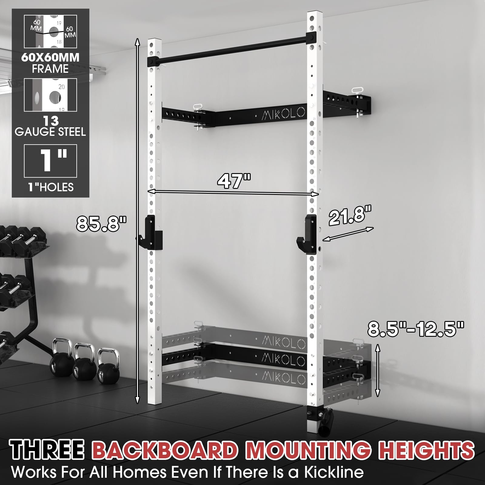 Mikolo Wall Mounted Squat Rack - Foldable Power Cage with Lat Pulldown & Cable Crossover System, Heavy Duty Home Gym Equipment for Strength Training & CrossFit Workouts (Space Saving Design for Small Home Gyms)