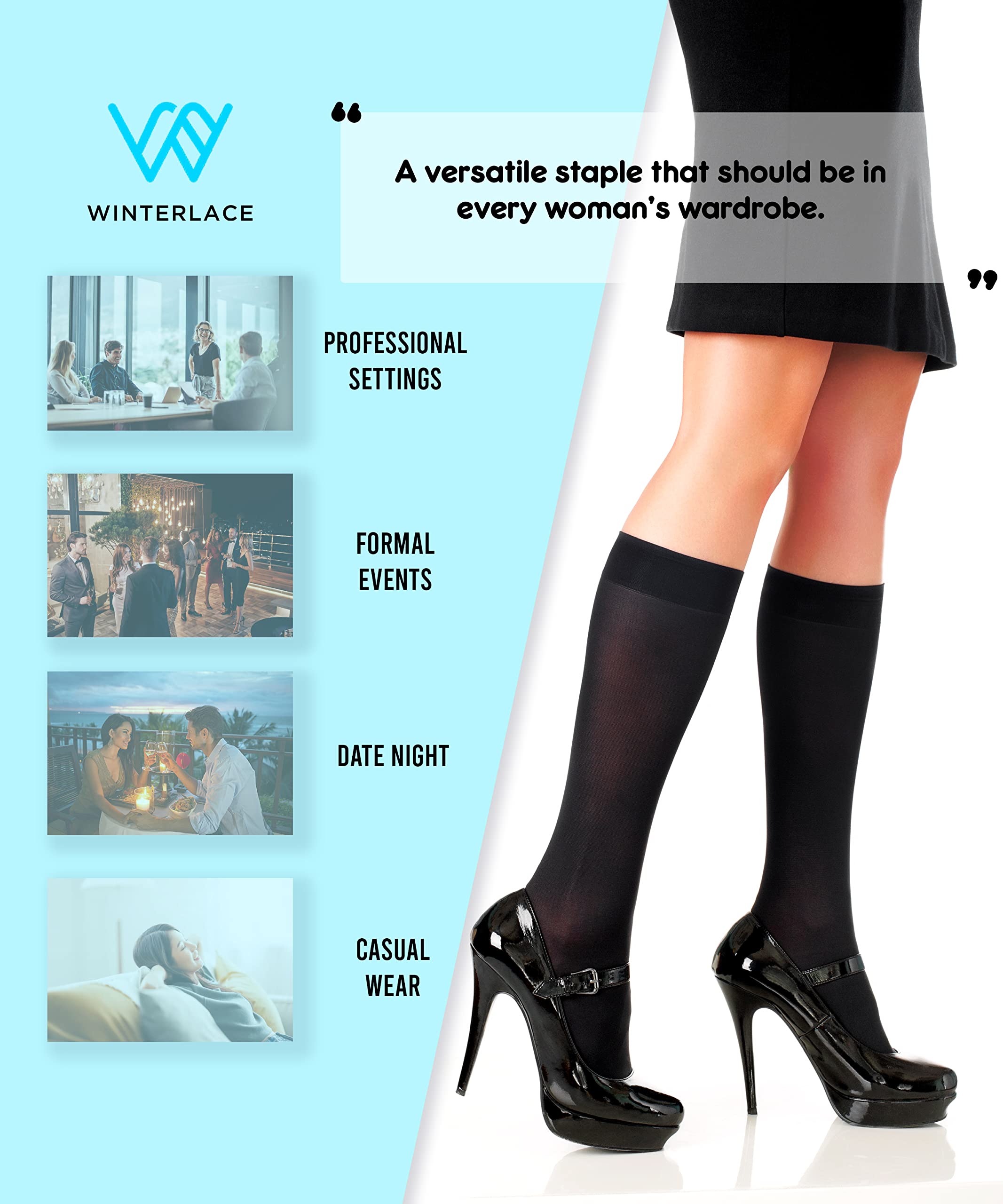 Winterlace Women's Knee High Trouser Socks - 6-Pack Silky Opaque Nylon Dress Socks with Stretch - Perfect for Office, Formal Wear & Winter Outfits