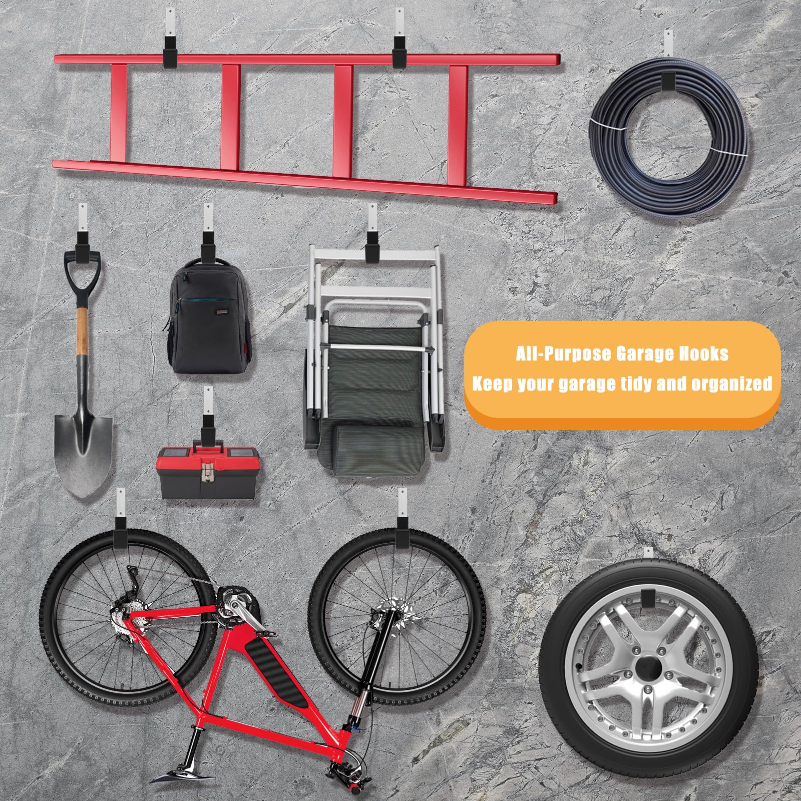 Heavy Duty Utility Hooks for Garage Storage - 2 Pack Wall Mount Hooks for Bike, Ladder, Hose, Leaf Blower & More - Durable Garage Organization Hooks for Home & Workshop Use