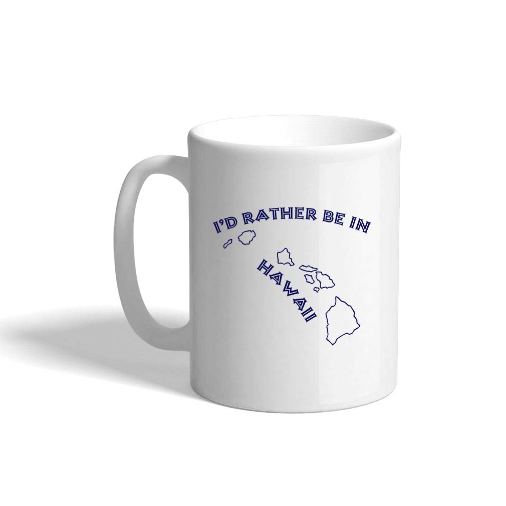 Navy 'I'd Rather Be In Hawaii' Ceramic Coffee Mug - 15oz White Travel Mug for Coffee, Tea & Hot Drinks - Perfect for Home, Office & Vacation Gifts