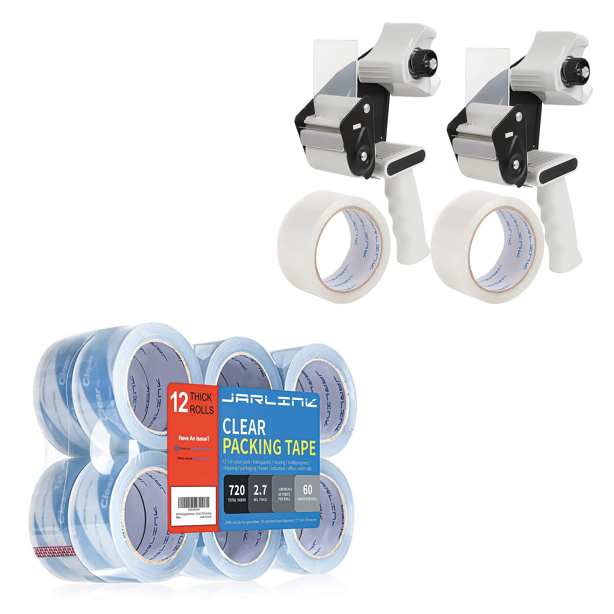 JARLINK Heavy Duty Packing Tape Dispenser Gun (2 Pack) with 12 Rolls Clear Packing Tape - 2.7mil Thick, 1.88