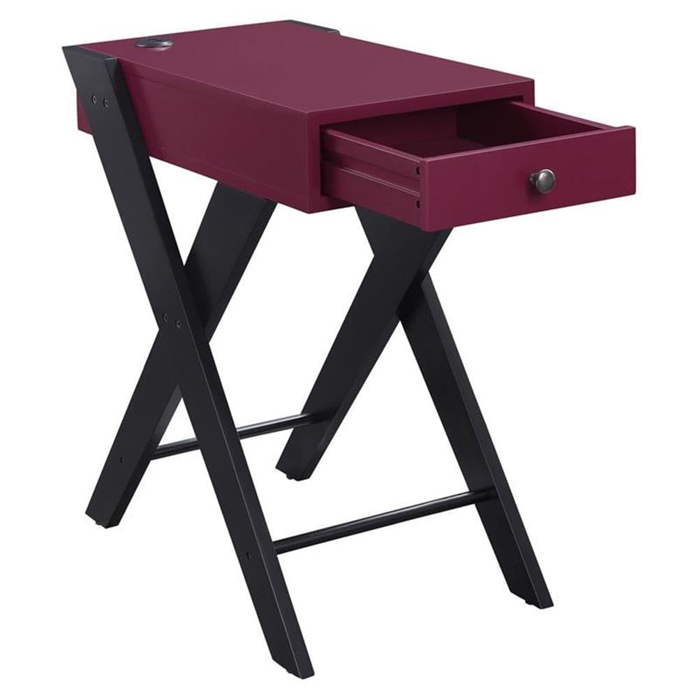 Acme Fierce Wooden Side Table with USB Charging Port - Burgundy & Black Nightstand for Bedroom, Living Room & Office