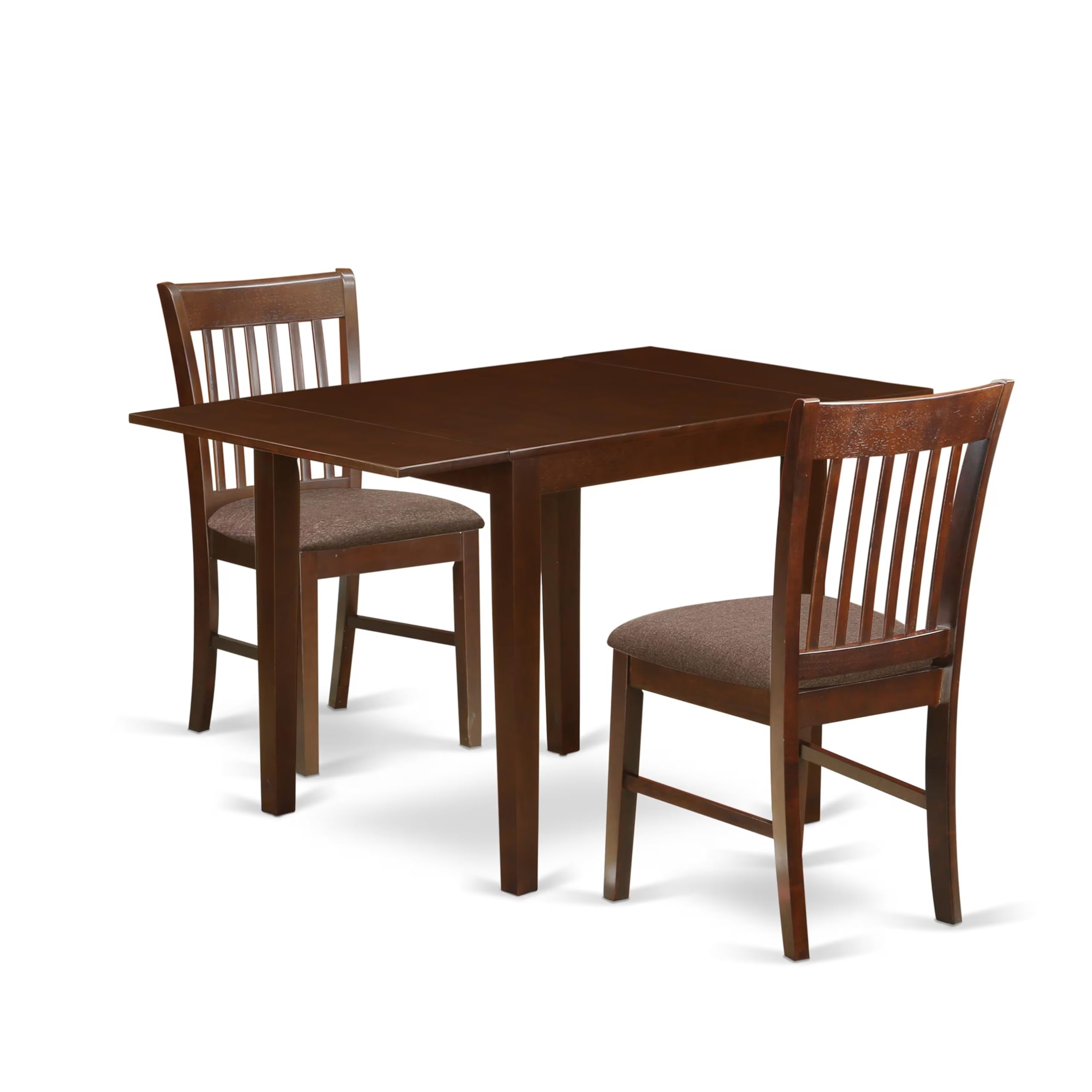 East West Furniture NDNO3-MAH-C 3-Piece Small Space Dinette Set - Rectangle Drop Leaf Dining Table & 2 Linen Fabric Chairs, 30x48 Inch, Mahogany - Perfect for Apartments, Breakfast Nooks & Cozy Kitchens